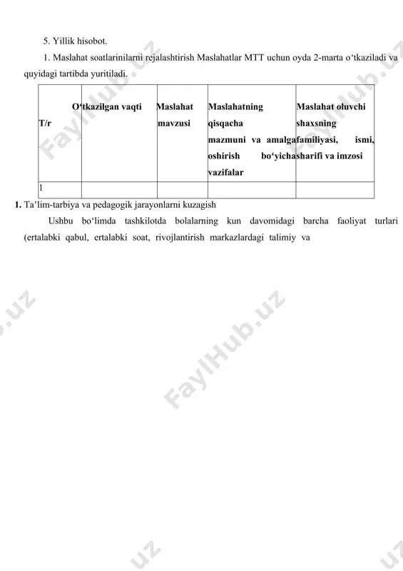m raqobatli muhitni yaratish maqsadida koʻrik-tanlovlar, tadbirlar, sport musobaqalari, oʻquv va amaliy seminarlar tashkil etish va oʻtkazish; tashkilotda ichki mehnat tartibi qoidalari, jamoa shartnomasi, sanitariya qoidalari va gigiyena normalariga, shuningdek, mehnatni muhofaza qilish, texnika va yongʻin xavfsizligi qoidalariga qatʼiy rioya qilishni taʼminlash, pedagog xodimlarga metodik yordam berish, pedagogik faoliyatni tahlil qilish; tashkilotda pullik va pulsiz toʻgaraklar faoliyatini yuritishni taʼminlash va uning maʼnaviy-maʼrifiy, tarbiyaviy ishlarini muvofiqlashtirish va yoʻnaltirish; direktor mehnat taʼtili, kasallik varaqasiga chiqqan hamda malaka oshirishga ketgan vaqtlarda uning lavozim majburiyatlarini bajarish, tashkilotda huquqbuzarlik, uyushgan jinoyatchilik, korrupsiya, giyohvandlik va boshqa zararli odatlardan saqlanish, uning oldini olish choralarini koʻrish boʻyicha ota-onalar va jamoatchilik oʻrtasida keng qamrovli targʻibot-tashviqot ishlarini amalga oshirish; odob-axloq, ichki tartib, jamoa shartnomasi, sanitariya-gigiyena talablari, mehnatni muhofaza qilish, texnika va yongʻin xavfsizligi qoidalari talablariga rioya qilish; qonun hujjatlariga muvofiq boshqa funksiyalarni ham amalga oshirishi mumkin 04 — maktabgacha taʼlim tashkiloti metodisti. 04-01. oʻquv dasturlar va metodik qoʻllanmalar: oʻzbekiston respublikasining …