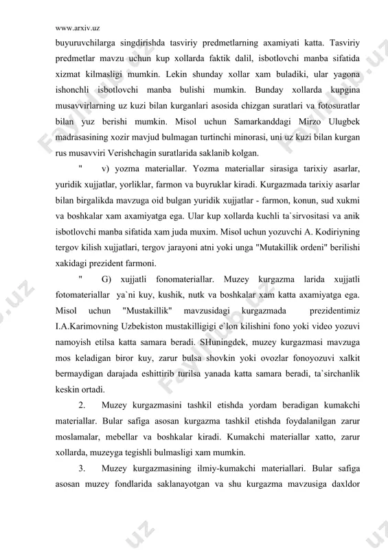i. kumakchi materiallar xatto, zarur xollarda, muzeyga tegishli bulmasligi xam mumkin. 3. muzey kurgazmasining ilmiy-kumakchi materiallari. bular safiga asosan muzey fondlarida saklanayotgan va shu kurgazma mavzusiga daxldor bulgan ilmiy-kumakchi materiallar kiradi. ular kurgazma mavzusini yoritishda yordam beradigan xaritalar, turli chizmalar, diogrammalar bulishi mumkin. 4. matn va fonosharxlar. muzey kurgazmasida namoyish etilayotgan eksponatlar va kurgazma mavzusini yoritishda, tanishtirishda turli yozma matnlardan va fonosharxlardan foydalanish mumkin. lekin bu matn va fonosharxlarning yozma va fono manbalardan farki shuki, ular dalil, isbotlovchi manba emas, balki, fakat sharx beruvchi, izoxlovchi kuchga egadir. shuningdek, kurgazma materiallariga turli kursatkichlar xam kirishi mumkin. ularda kurgazma maydonining tuzilishi va yunalishlari kursatiladi. 4. muzey kurgazmasining ilmiy loyixalarda butun muzey jamoasi va zurur xollarda maxsus chakirilgan yordamchi mutaxassislar ishtirok etadi. muzey kurgazmasining ilmiy loyixalash uch yunalishda olib boriladi: 1. fond bulimlarida muzey kurgazmasini ilmiy loyixalash va tayyorlash kuyidgi jarayonda amalga oshadi. bu yunalishda dastlab muzey predmetlarining kurgazma mavzusiga oidlari tanlab olinadi. …