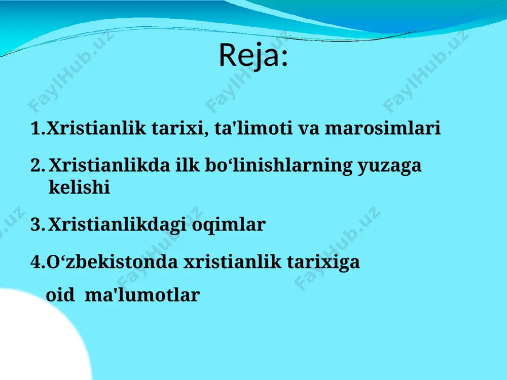 r diniy manbasi talmudning xabar berishicha, qadimiy ahdda 24 ta kitob; qadimiy yahudiy tarixchisi iosif flaviyning aytishicha, 22 ta kitobdan iborat. protestantlar va yahudiylar, trident soboridan keyin (1545-1563), katoliklar ham qadimiy ahd tarkibiga 45 ta kitob kirgizadilar. injil “injil” - so‘zi yunoncha “evangelion” so‘zidan kelib chiqqan bo‘lib, hushxabar ma'nosini anglatadi; unda odamzodni qutqaruvchi yagona najotkor hisoblanmish iso masihning yer yuziga yuborilganligi haqida hikoya qilinadi; injil milodning birinchi asrida yozilgan, 27 bo‘limdan iborat xristianlik ta'limoti xristianlik ota-xudo, o‘g‘il-xudo va muqaddas ruh -uch qiyofali xudo (troitsa - trinity) ko‘rinishga ega xudo to‘g‘risidagi oxirat, isoning ta'limotni, qaytishi jannat haqidagi va do‘zax, va boshqa aqidalarni o‘z ichiga oladi. milodning iv asri boshlarida 324 yili xristianlik rim imperiyasida davlat dini deb e'lon qilingan; 325 yili tarixda birinchi marta rim imperatori litsiniya nikeya shahrida i butun olam xristian soborini chaqirdi(pasxani bayram qilish vaqti belgilangan); 381 yili konstantinopolda ii butun olam xristian sobori bo‘lib o‘tdi(“troitsa” haqidagi qoidani …