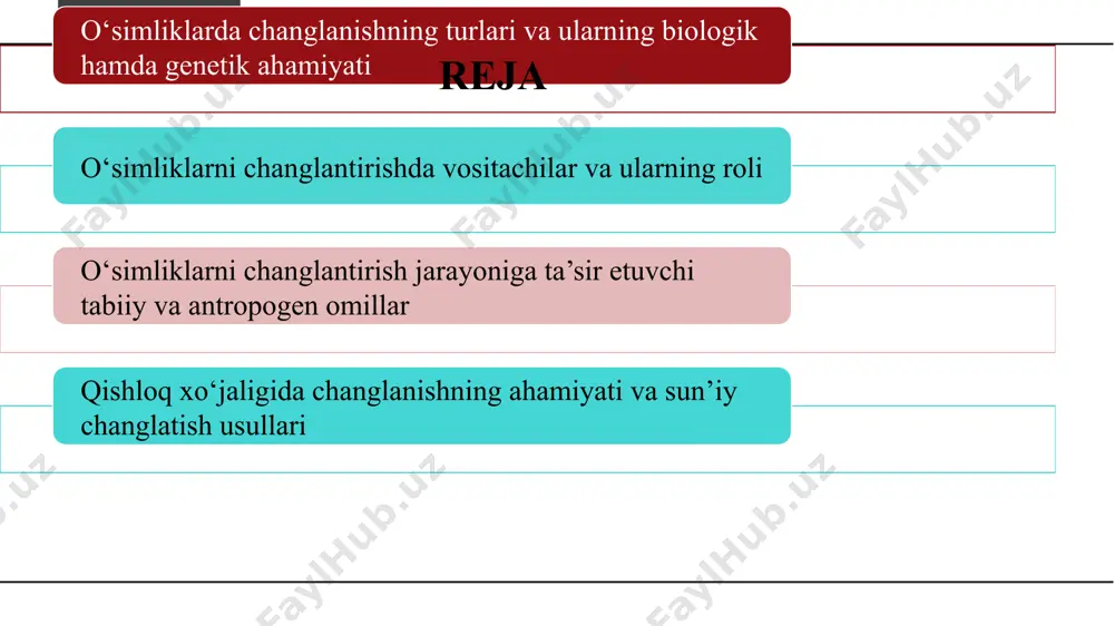 oy, arpa, loviya, pomidor. o‘simliklarda changlanishning turlari va ularning biologik hamda genetik ahamiyati 6 chatishtirib changlanish — bir o‘simlikning changi boshqa o‘simlik urug‘chiga tushishi. natijada gen almashinuvi bo‘lib, xilma-xillik oshadi. afzalliklari: kasallikka chidamli, moslashuvchan nasllar hosil bo‘ladi. kamchiliklari: vositachilarga bog‘liq, jarayon sekinroq kechadi. misollar: makkajo‘xori, olma, gilos, kungaboqar. 7 o‘simliklarni changlantirishda vositachilar shamol (anemofiliya) – changni yengil va ko‘p miqdorda tarqatadi. misol: jo‘xori, bug‘doy. hasharotlar (entomofiliya) – rangli, xushbo‘y gullar orqali chang tashiydi. misol: olma, gilos. suv (gidrofiliya) – suv oqimi orqali chang tarqatadi. misol: vallisneriya. qushlar (ornitofiliya) – sharbatxo‘r qushlar chang ko‘chiradi. misol: kolibri changlatadigan gullar. boshqa hayvonlar – yarasa, kaltakesak va boshqalar ham vositachi bo‘lishi mumkin. o‘simliklarni changlantirishda vositachilar va ularning roli 8 o‘simliklarni changlantirish jarayoniga ta’sir etuvchi tabiiy va antropogen omillar tabiiy omillar: iqlim sharoiti – harorat, namlik va shamol tezligi changlanish samaradorligiga bevosita ta’sir qiladi. yog‘ingarchilik – ortiqcha yomg‘ir changni yuvib yuborishi yoki vositachilar faolligini kamaytirishi …