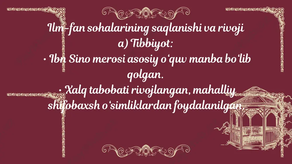 hiligi – ko‘p gumbazli inshootlar, ko‘k koshinli bezaklar. xiva uslubi – minoralar va ochiq hovlili madrasa-masjidlar, sirkorlik (nafis yog‘och o‘ymakorligi). qo‘qon me’morchiligi – chiroyli peshtoq va ravoq ishlari, rang-barang naqshlar. bezatishda yangi elementlar paydo bo‘ldi • koshinlar yanada murakkab kompozitsiyada ishlatilgan. • yog‘och va ganch o‘ymakorligi takomillashdi (ayniqsa xiva va qo‘qonda). • muqarnas (stalaktitga o‘xshash dekor) keng qo‘llanilgan. jamoat va diniy inshootlar ko‘paydi • qurilish asosan madrasa, masjid, sardoba, xonaqoh, bozor va darvozalarga qaratilgan. • suv inshootlari (ariqlar, sardobalar, korizlar) texnik jihatdan takomillashgan. qurilgan muhim inshootlar buxoro xonligi (16–18 asrlar) mir arab madrasasi (16-asr): ulug‘ diniy ta’lim maskani , ubaydullaxon davrida qurilgan. abdulazizxon madrasasi (17-asr): bezaklari juda nafis ganchkori va koshin ishlari juda boy. kalon minorasi va masjidi ta’mirlangan va yangidan foydalanishga topshirilgan. xiva xonligi (17–19 asrlar) • pahlavon mahmud maqbarasi: juda nafis koshinkorlik namunasi. • muhammad aminxon madrasasi (1851–1854): xivadagi eng yirik madrasa, ikki qavatli. • kalta minor: qurilishi …