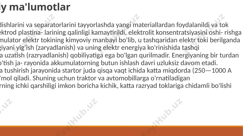 el qo'yilgan bir jinsli elektrodlarni yarimblokka bog'lovchi bikr taglik (6), qutb vazi­fasini o'tovchi barmoqlar (9), umumiy qopqoq (11), quyish tiqinlari (12) va akkumulator baki (10). manfiy va musbat elektrod (8) lar tarkibida 4—5% surma bo'lgan qo'rg'oshin-surma qotishmasidan quyib tayyorlangan panjalar (1) dan iborat. surma panjaraning korroziyaga qarshi turg'unligini va kattaligini oshiradi hamda tayyorlashda qotishmaning oquvchanligini yaxshilaydi. /docprops/thumbnail.jpeg