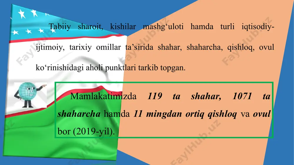daniy markaz. samarqand esa viloyat markazi, sanoat markazi va tarixiy-madaniy markazdir. ko‘p funksiyali shaharlar juda tez rivojlanadi, ular yonida yo‘ldosh shaharlar vujudga kelib, aglomeratsiyalarni hosil qiladi. toshkent mamlakatimizda eng katta shahar aglomeratsiyasidir. aholi punktining shahar maqomini olish sharti turli mamlakatlarda turlichadir. o‘zbekistonda aholi punkti shahar maqomini olishi uchun uning aholisi 7 ming va undan ko‘p bo‘lishi, yashayotgan aholining 2/3 qismi ishchi va xizmatchilar hamda ularning oilalaridan iborat bo‘lishi kerak. aholi punktiga shahar maqomini berishda unda shahar turmush tarzining holati ham hisobga olinadi (15-rasm). shaharchalar sanoat rivojlanayotgan, tabiiy boyliklar o‘zlash tirilayotgan joylarda vujudga keladi. iskandar, kegayli, ulug‘bek, g‘ozg‘on, zomin shaharchalari shular jumlasidandir. bunday shaharchalarning ko‘pchiligida aholining aksariyati muayyan tarmoqdagina xizmat qiladi (neftchilar shaharchasi, konchilar shaharchasi). yangi shaharlar (angren, bekobod, olmaliq, chirchiq, navoiy, uchquduq, taxiatosh, zarafshon va boshqalar) asosan foydali qazilmalar va suv boyliklari mavjud hududlarda bunyod bo‘lgan. tohchiyon shaharchasi (surxondaryo viloyati) ko‘mir koni negizida vujudga kelgan. yangi yerlarni o‘zlashtirish, qishloq xo‘jalik …