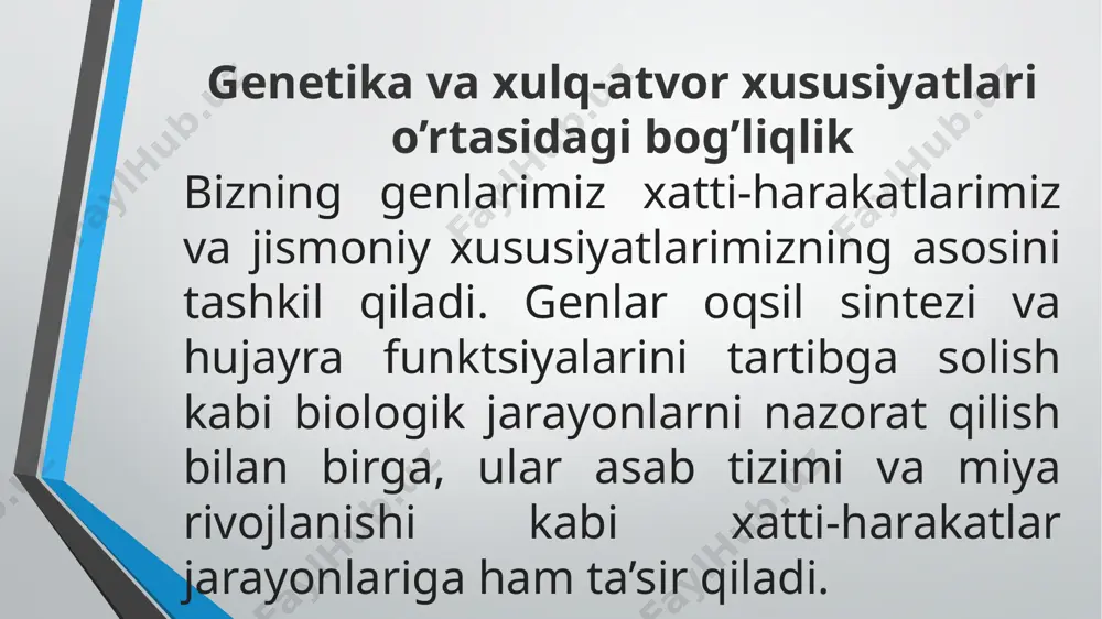 omillar bilan o’zaro ta’sir qiladi. genetika tadqiqotlari va yutuqlari xulq-atvor xususiyatlarining genetik asoslarini yaxshiroq tushunishga yordam beradi va bizni xatti-harakatlarning murakkabligini kengroq nuqtai nazardan tushunishga olib keladi. image2.png /docprops/thumbnail.jpeg
