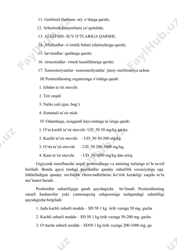 rbamitsin, prometrin, prepazin, propanid, renstor, sayfos, oltingugurt talqoni, kolloid oltingugurt, oltingugurtning ho‘llanuvchi kukuni, simazin, semeron, tedio,n topsin – m, treflan, magniy xlorati, kalsiy xlorat xloridi, sineb, entobakterion, dendrobatsillin kabi preparatlar kiradi. pestitsidlar ichida juda xavfli va kuchli tasir etuvchilarga kiradiganlarga kishilar hamda issiqqonli hayvonlarga kuchli darajada xavfli bo‘lib, ular ta’sirida kuchli zaharlanib kelishi mumkin. hozirgi paytda dunyoda juda kuchli va kuchli zararli preparatlarni ishlab chiqarishni keskin kamaytirish ustida keng ko‘lamda ish olib borilayotir, birgina rossiyada 1980 yilda ana shunday kuchli zaharli moddalardan umumiy ishlab chiqariladigan pestitsidlar miqdoriga nisbatan 20% ishlab chiqarilgan bo‘lsa, hozirgi paytda atiga 5 foizga tushirish ustida ish olib borilyapti. kuchli zaharlilikka ega bo‘lgan pestitsidlar bilan ishlov berilganida ayniqsa oziq-ovqat mahsulotlari tarkibida ularning qoldiqlarini bo‘lishi mumkin emas, agarda juda kam miqdorda qoldig‘i qolgan bo‘lsa ham iste’mol uchun yaroqsiz hisoblanadi. shuning uchun ham hozirgi paytda kishilar va issiqqonli hayvonlarga kam ta’sir etadigan, ishlatilganda tez parchalanib zararsiz holatga keladigan sintetik …