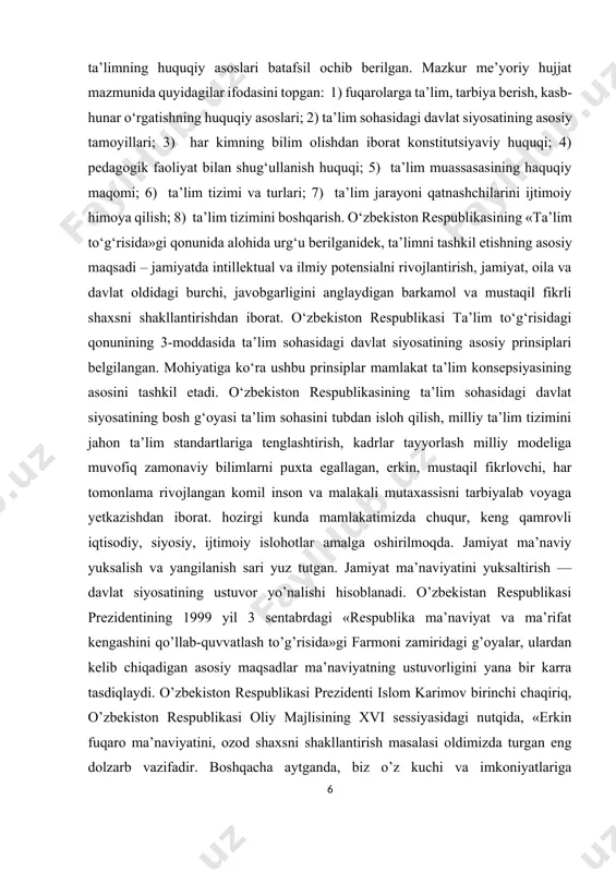 q, jismonan sog'lom, ma’nan yetuk shaxs yaratishga e’tibor berila boshlandi. bu boradagi ishlarni aniq, maqsadli amalga oshirish uchun davlat ahamiyatiga molik dasturlar, rejalar ishlab chiqildi. birgina o’tayotgan yillarning atalishida ham buning isbotini ko’rishimiz mumkin. 1997 yil — inson manfaatlari yili: albatta jamiyatdagi fuqarolar manfaati himoya qilinmagan, ularning ehtiyojlari qondirilmagan davlat hech qachon qudratli bo’lolmaydi. shu bois ham avvalo inson qadr-qimmati oliy darajaga ko’tarildi. 1998 yil — oila yili: xalqimiz azaldan oilani muqaddas bilib, uni «vatan ichra vatandir» deya ulug’lab kelgan. unda ulg’aygan har bir farzand, avvalo o’z oilasi aksini, ular birlashib esa mamlakat qiyofasini butun dunyoga tanitadi. 1999 yil — ayollar yili: ona xayotning boshi. shunday ekan jamiyatda ayollar ahvoli uning kelajakni belgilovchi asosiy omil bo’ladi. u nafaqat kelajakni dunyoga keltiradi, balki, uning tarbiyasida muhim o’rin tutadi. ona tarbiyasi o’rnini hech bir narsa bosolmaydi. mamlakatimiz rahbari islom karimov 1999 yil 7 dekabr — konstitutsiya kuni bayrami tantanalarida bu 2000 yilni …