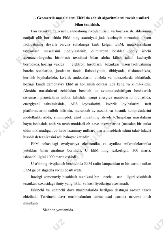 hfiyotlariga asoslanadi. ikkinchi va uchinchi davr mashinalarida berilgan dasturga asosan tasvir chiziladi. to'rtinchi davr mashinalardan to'rtta usul asosida tasvirni olish mumkish 1. sichhon yordamida. 2. kod asosida 3. analitik formulalar asosida. 4. berilgan tasvirning koordinatalari asosida. kompyuter zamonaviy ishlab chiharishda chizmalar bilan ishlashni engillashtiradi. ular berilgan chizmani bir necha marta tez chizadi. agar chizma kompyuterda tayyorlangan va unga kichik o'zgartirish kiritish kerak bo'lib holsa, u xolda kompyuter buni oddiy usulga haraganda 10 marta tez bajarishga imkon beradi. ehm ga eski chizmaning kaysi kismlarini almashtirish va ularning o'rniga nimani joylashtirish ko'rsatilganining buyrugini bersa bas. elektron xisoblash mashinasida yangi tasvir yaratiladi. tasvir (chizmalarning) eng ko'p uchraydigan hismlarini alohida blok va uzellarni elektron hisoblash mashina xotirasida sahlash va yangi tasvir yaratishda foydalanish mumkin. tasvirlarning bunday kutubxonasidan foydalanish ishlayotgan muhandisning mehnat unumdorligini oshiradi. chizmalarni chizish uchun maxsus nurli pero, sharli richak, sichhon hurilmalari bor. nurli pero avtoruchkaga o'xshagan bo'lib elektron xisoblash mashinasi bilan sim …