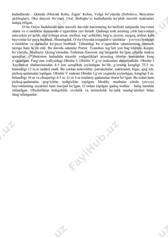 shi; - aqlning rivojlanishi (hayvonlarni orqasidan quvib, chuqurga xaydash emas, balki ularni o‘q-yoy otib ovlash) va faoliyatning ongliligi; - itni qo‘lga o‘rgatilishi; - mezolitda ovchilik ho‘jaligi bilan birga baliqchilik va terimchilik mashg‘ulotlarini ham o‘z ahamiyatini yo‘qotmagan ekanligi; - ovchilikda individual harakatlarning ko‘zga tashlanish (it bilan ov qi- lish, tuzoq qo‘yish); - baliqchilikda – garpunlar, to‘rlar bilan, qarmoqlar bilan ov qilish usullarining paydo bo‘lishi. mezolit davri dunyoning hamma qit’alarida hali qadam bosilmagan joylarni o‘zlashtirish davridir. bu davrda odam yashaydigan hududlar chegarasi kengayib borgan. mezolit davrida urug‘ a’zolarining kollektiv mehnati, o‘zaro yordamlari ov va baliqchilikning zaruriy sharti bo‘lgan. tosh qurollar va o‘q-yoy bilan tabiat kuchlari va yirtqich hayvonlarga qarshi yakka holda kurashib bo‘lmas edi. kishilar ochdan o‘lmaslik, yirtqich hayvonlarga em bo‘lmaslik yoki qo‘shni jamoalar qo‘lida halok bo‘lmaslik uchun ov qilish, o‘rmonda meva yig‘ish, baliq ovlash ishlarini birgalashib bajarishga majbur edilar. kamondan foydalanish ov unumdorligini oshirishi, ho‘jalikning yangi shakllarini vujudga keltirishi lozim edi. …
