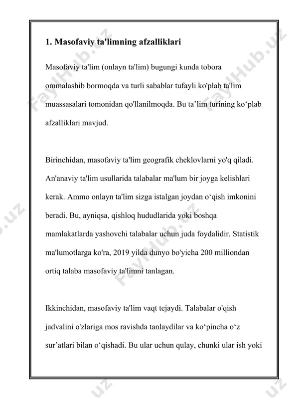 imkoniyatlari, va ekologik foyda. bu afzalliklar tufayli, masofaviy ta'lim sohasida innovatsiyalar davom etadi va kelajakda yanada ko'proq tarqalishi kutiladi. 2. masofaviy ta'lim texnologiyalarida foydalaniladigan platformalar masofaviy ta'lim texnologiyalarida foydalaniladigan platformalar masofaviy ta’lim texnologiyalari sohasida turli platformalar taqdim etiladi, ularning ko‘pchiligi o‘quv jarayonini tashkil etish, o‘quvchilar bilan interaktiv muloqot qilish va bilim baholash imkoniyatlarini kengaytirishga xizmat qiladi. quyida masofaviy ta'limda keng qo'llaniladigan ba'zi platformalar haqida ma'lumot keltiriladi. 1. **moodle**: moodle (modular object-oriented dynamic learning environment) platformasi ochiq kodli bo‘lib, uni ko‘plab oliy ta'lim muassasalari va maktablar foydalanadi. moodle juda moslashuvchan va turli xil plaginlar va modullar orqali kengaytirilishi mumkin. har kuni moodle orqali minglab kurslar olib boriladi. bugungi kunda moodle’ning foydalanuvchilari soni millionlardan oshadi. 2. **google classroom**: google classroom o‘quvchilarning ham o‘qituvchilar bilan, ham o‘zaro hamkorligini tashkil etadi. ushbu platforma google workspace ekotizimiga integratsiyalashgan bo‘lib, docs, sheets, slides kabi xizmatlar bilan birga ishlatiladi. 2020-yilga kelib, google classroom global miqyosda 100 milliondan …