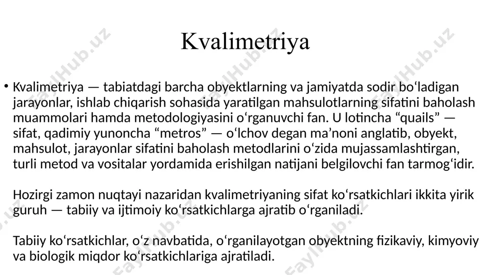asoslangan, metodologik asoslari aniqlangan, nazariy, maxsus va amaliy tarmoqlariga, ilmiy o‘lchov parametrlariga ega davri. ilk o‘rta va o‘rta asrlar, ya’ni hali ilmiy asoslanmagan, empirik rivojlanish davrida ta’lim muassasalarining asosiy vazifasi bilim oluvchilarning ongiga falsafiy-diniy mazmundagi bilimlarni yetkazish bo‘lgan. asosiy e’tibor jamiyatni barqarorlashtirish, odamlarning diniy savodini chiqarishga qaratilgan. o‘sha davrdagi ta’lim muassasalarida ixtiyoriy ravishda san’atning 7 yo‘nalishi o‘rgatilgan. nazariy kvalimetriyaning amaliy sohalarida turli obyekt va jarayonlarning sifatini baholash metodikasi va nazariy asoslari umumiy xususiyatga ega. maxsus kvalimetriya turli maqsadda foydalaniladigan obyektning sifatini baholashning aniq metodikasi va matematik modelini ishlab chiqadi. maxsus kvalimetriyaning ekspert, ehtimollik-statistik, indeksli, kvalimetrik taksonomiya kabi turlari mavjud. amaliy kvalimetriya texnika, ishlab chiqarish, inson faoliyati, turli loyiha va jarayonlarning sifatini baholashni ishlab chiqadigan soha sanaladi. u boshqa fanlar bilan o‘zaro bog‘liq bo‘lib, texnik kvalimetriya, ijtimoiy kvalimetriya, pedagogik kvalimetriya, tibbiy kvalimetriya, geologik kvalimetriya kabi tarmoqlari mavjud. pedagogik kvalimetriya yillar davomida to‘plangan tajribalar, dalillar asosida vujudga kelgan va shakllangan ilmiy-nazariy fan …