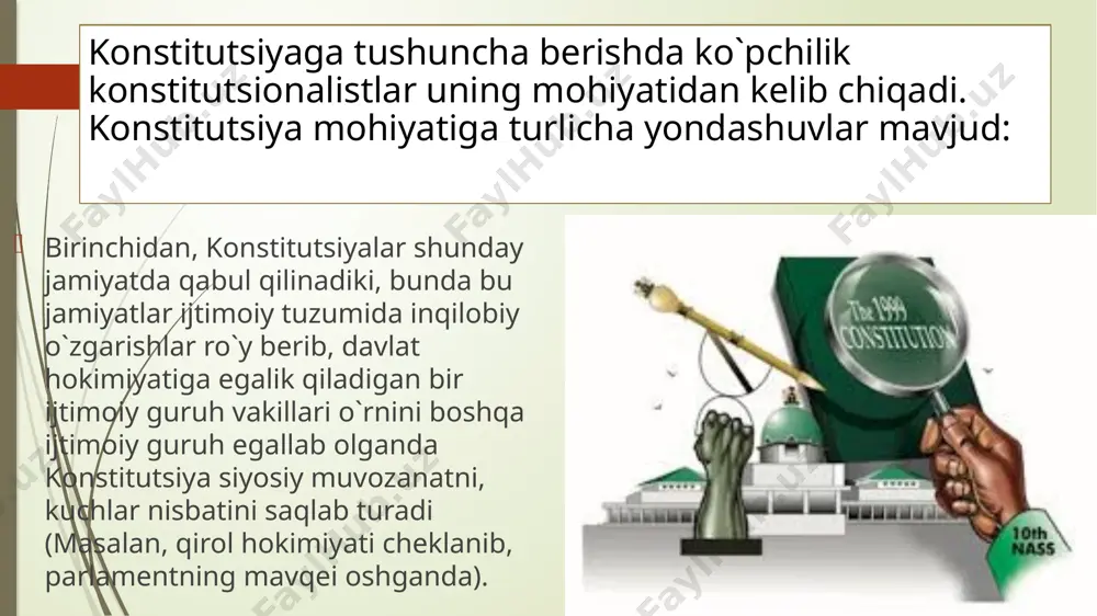 ari va boshqa ko`plab yangi-yangi huquqiy institutlar vujudga keldi. inson huquqlariga birinchi o`ringa ko`tarildi. to`rtinchi bosqich hozirgi zamon konsitutsiyalari bo`lib, unda asosan barcha narsa inson uchun degan g`oyaga tayanadi hamda inson omili hamma narsadan ustunligi e’tirof etiladi. shuningdek, globallashib borayotgan ekologik muommolar ham konstitutsiyaviy darajada o`z yechimini topgan. jumladan, o`zbekiston respublikasi konstitutsiyasi ham aynan shu davr konstitutsiyalari turkumiga kiradi. e’tiboringiz uchun raxmat image1.png image3.png image4.png image5.png image7.png image8.png image9.png image10.png /docprops/thumbnail.jpeg
