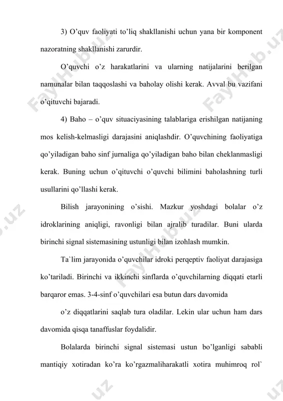ali to'liq o'rganilmagan. o'rta ta'limning vazifalari va mazmuni hali to'liq aniqlanmagan, shuning uchun boshlang’ich sinf yoshidagi psixologik xususiyatlarni yakuniy va o'zgarishsiz deb bo'lmaydi. boshlang’ich sinf o'quvchilari rivojlanishining ijtimoiy holatining xususiyatlarini ko'rib chiqamiz. birinchi va eng muhim nuqta - bu maktabning boshlanishi. bola voqelik bilan bo'lgan munosabatlarning barcha tizimlarini qayta qurishdan o'tadi. agar maktabgacha tarbiya yoshida ijtimoiy munosabatlarning ikki sohasi mavjud bo'lsa: "bola - kattalar" va "bola - bolalar" bo'lsa, endi "bola - kattalar" munosabatlar tizimida o'zgarishlar bo'ldi. u ikki qismga bo'lingan: "bola - ota-ona" va "bola - o'qituvchi". "bola - o'qituvchi" tizimi bolaning ham ota-onaga, ham bolalarga bo'lgan munosabatini aniqlay boshlaydi. buni b.g. ananiev, l. i. bojovic , i.s. slavina eksperimental ravishda ko'rsatdi. baholash tizimi paydo bo'lganligi sababli u munosabatlar bola uchun asosiy predmetga aylanadi. chunki yaxshi baholar va yaxshi xulq-atvor, baholash o'qituvchi tomonidan amalga oshiriladi. tengdoshlar va ota-onalar bilan munosabatlar uning qaysi sinflarni olishiga bog'liq . tengdoshlar yaxshi o'qiganlar …