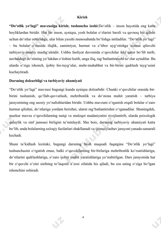 quvvatlashning qadrini anglaydilar. · o‘ziga bo‘lgan ishonchni oshirish. iliq so‘zlar bolaning o‘ziga ishonchini mustahkamlaydi. · ijobiy psixologik muhit yaratish. sinfda mehr-oqibat va birdamlik kuchayadi. shuningdek, doʻstlik yoʻlagi orqali o‘quvchilar yaxshi so‘zning qadrini bilishga, so‘zlar yordamida do‘stini sevindirishga va unga kuch bag‘ishlashga o‘rganadilar. bu esa ularning nafaqat maktabda, balki kundalik hayotida ham ijobiy, odobli va samimiy shaxs sifatida shakllanishida muhim o‘rin tutadi. “doʻstlik yoʻlagi” mashg‘uloti faqatgina o‘yinga asoslanmagan, balki uning har bir harakati, aytilgan iliq so‘zi bolalar tarbiyasida chuqur ahamiyat kasb etadi. bu faoliyat davomida o‘quvchilar: · bir-birining his-tuyg‘ulariga hurmat bilan qarashni o‘rganadilar. masalan, kimningdir kayfiyati tushgan bo‘lsa, unga aytilgan iliq so‘zlar uni quvontiradi. · qisqa, lekin mazmunli rag‘batlantirish ifodalarini qo‘llashni o‘zlashtiradilar. bu esa bolalarning nutqini boyitadi. · do‘stlikning asl ma’nosi – samimiyat va yordam ekanligini anglaydilar. shunday tushunchalar shakllanadi: do‘st yomon kuningda ham yoningda bo‘ladi; do‘st har doim yaxshilikni tilaydi. · sinf jamoasi birdamligini mustahkamlaydilar. bunday mashg‘ulotlar orqali ular sinfning …