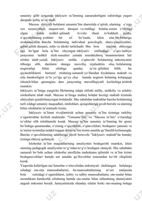 tlari va ko‘rsatmalariga amal qiladilar. farzandining kelajagiga ishonch bilan qaraydi. bunday holatdaga munosabat asosida boladagi mavjud nuqsonni erta aniqlash, samarali korreksiyalash va ikkilamchi nuqsonlarning oldini olish imkoniyatlarini paydo qiladi. bolaning o‘z-o‘ziga xizmat qilish malakalari yuqori darajada rivojlanadi, ijtimoiy hayotga erta va imkon qadar to‘laqonli moslashadilar. bundan tashqari imkoniyati cheklangan bola tarbiyalanayotgan oila ko‘p hollarda psixotravmatik holatda bo‘lishi kuzatiladi. ayrim ota-onalar maslahatchi-mutaxassislarga nisbatan ishonchsizlik bilan munosabatda bo‘lib, turli xil ilmiy va tibbiy markazlarga murojaat etib, qo‘yilgan tashxisni qabul qilsalarda, bolaning rivojlanish imkoniyatlariga yuqori talabda ishonch bilan qaraydilar. ko‘pchilik ota-onalar farzandlarining umumta’lim maktablariga qatnagunlaricha mavjud nuqsonlarini anglamaydilar yoki e’tibor bermaydilar. bola maktabga chiqib o‘zlashtirishida tengdoshlaridan orqada qola boshlagachgina muammoning asl sababi ustida bosh qotiradilar. tabiiyki, ushbu bolaga maktabgacha yoshida maxsus korreksion yordam ko‘rsatilmagan. natijada bolaning imkoniyatlari yanada chegaralanadi, korreksion ishning samaradorligi pasayib ketishiga olib keladi. imkoniyati cheklangan bolalar va ularning ota-onalari o‘rtasidagi munosabatlarni yaxshilash, bu munosabatlardagi mavjud kamiliklarni tuzatish va oldini olish, …