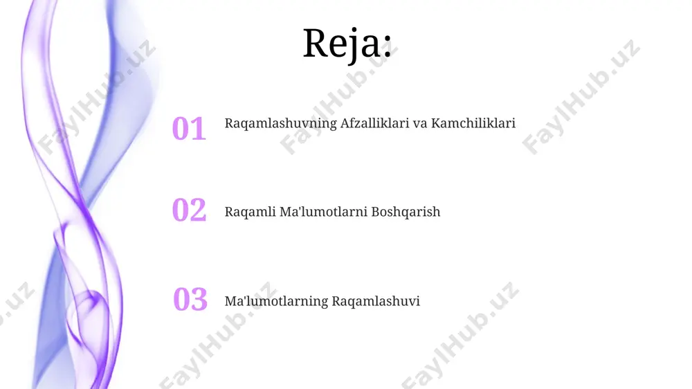 on darsliklar va interaktiv mashqlar, o'quvchilarning bilim olish imkoniyatlarini kengaytirdi va ularning mustaqil o'rganish ko'nikmalarini rivojlantirdi. ta'limda raqamlashtirish onlayn o'quv platformalarining sonini 3 baravar oshirdi, bu esa 10 million dan ortiq o'quvchiga masofaviy ta'lim olish imkoniyatini berdi va o'quv jarayonining samaradorligini 20% ga oshirdi. ma'lumotlar tahlili ma'lumotlar tahlili natijalari biznesga yillik daromadni 15-20% ga oshirish, xarajatlarni 10% ga kamaytirish kabi sezilarli iqtisodiy foyda keltirishi mumkin. tahliliy natijalarni vizualizatsiya qilish, masalan, grafiklar yordamida, tushunishni 30% ga osonlashtiradi va qaror qabul qilish jarayonini tezlashtiradi. raqamlashtirish jarayonlari katta hajmdagi ma'lumotlarni (big data) raqamlashtirishda bulutli texnologiyalar va mashinani o'rganish algoritmlari samaradorlikni 3-5 baravar oshirishi mumkin. raqamlashtirish jarayonlari hujjatlarni skanerlash, ocr texnologiyalari yordamida matnni aniqlash va ma'lumotlar bazasiga 90% gacha aniqlik bilan kiritishni o'z ichiga oladi. davlat boshqaruvidagi raqamlashtirish raqamli texnologiyalarni joriy etish natijasida davlat byudjetidan 15% gacha mablag'larni tejashga erishildi, bu esa samaradorlikni oshirish va byudjet mablag’larini maqsadli sarflashga yordam berdi. davlat xizmatlarini ko‘rsatishda …