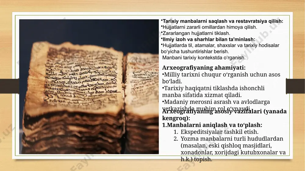 nish), diplomatika (hujjatshunoslik) metodlaridan foydalanish. hujjatlarni ilmiy nashrga tayyorlash: matnni o‘qib, hozirgi alifboga ko‘chirish (transliteratsiya). matnga ilmiy izohlar berish. annotatsiyalar yozish. faksimile (hujjat nusxasi), transkripsiya (lotin alifbosida ko‘chirmasi), tarjima shaklida chop qilish. saqlash va restavratsiya qilish: qadimiy hujjatlarni biologik, kimyoviy zararlardan asrash. hujjatni maxsus laboratoriyalarda restavratsiya qilish. raqamlashtirish orqali kelajak avlodga yetkazish. tarixiy haqiqatni tiklash: rasmiy tarixga kiritilmagan voqealarni hujjatlar asosida ochib berish. og‘zaki tarixiy rivoyatlar bilan hujjatlarni solishtirish. metodlari: paleografik tahlil – qadimgi yozuv turlarini o‘rganish. kodikologik tahlil – qo‘lyozmalarni tashqi tuzilmasini o‘rganish (qog‘oz, muqova, siyoh, shrift). tarixiy-lingvistik tahlil – matndagi arxaik so‘zlar, iboralar va terminologiyani o‘rganish. diplomatik metod – hujjatning rasmiy shakllari, yozilish qoidalarini o‘rganish. o‘zbekistonda arxeografiyaning rivoji o‘zbekistonda arxeografiya 20-asr boshlaridan boshlab shakllangan. bugungi kunda quyidagi muassasalar arxeografiya bilan shug‘ullanadi: o‘zbekiston respublikasi fanlar akademiyasi tarix instituti – arxeografik ekspeditsiyalar va nashrlar tashkil etadi. sharqshunoslik instituti – qadimiy qo‘lyozmalarni ilmiy tahlil qiladi. o‘zbekiston milliy arxivi – tarixiy hujjatlarni …