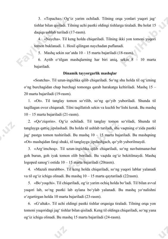 an faqat zarur deb hisoblanganlarini tanlab oladi. tanlab olingan mashqlar qo‘yilishi lozim bo‘lgan tovush artikulyatsiyasiga mos kelmog‘i lozim. 7-rasm. «belkurakcha» artikulyatsiya 8- rasm. tepacha»artikulyatsiya mashqi mashqi. 9-rasm. «ninacha». 10-rasm. «kosacha» artikulyatsiya mashqi artikulyatsiya mashqi 11-rasm. «naycha» artikulyatsiya 12-rasm. «soatcha» artikulyatsiya mashqi mashqi. 13-rasm. « ot» artikulyatsiya 14-rasm. «arg‘imchoq» artikulyatsiya mashqi mashqi 15-rasm. «mazali murabbo» artikulyatsiya 16-rasm. bo‘yoqchi artikulyatsiya mashqi. mashqi. talaffuz qilish malaka va ko‘nikmalarini shakllantirish bosqichi bu bosqichning maqsadi maxsus tanlangan nutq materiali bo‘yicha bolada tovush to‘g‘ri talaffuzining boshlang‘ich bilimlarini shakllantirishdan iboratdir. tovushlarni nutqqa qo‘yish, nutqda ulardan to‘g‘ri foydalanish malakalarini shakllantirish, tovushlarni tanlay bilish, o‘zaro almashtirib yubormaslik (tovushlar differensiatsiyasi) aniq masala hisoblanadi. ko‘rsatilgan masalalarni logopedik ish jarayonida yechish zaruriyati, nutqning talaffuz tomonini ontogenetik egallash qonunidan kelib chiqadi. bir qancha tekshirishlar shuni ko‘rsatadiki, u yoki bu tovushni paydo bo‘lish paytidan boshlab to uni to‘g‘ri talaffuzigacha, to uni nutqqa kiritguncha ancha vaqt o‘tadi. a.n. gvozdev oradagi bu vaqtni tovushni o‘zlashtirish davri …