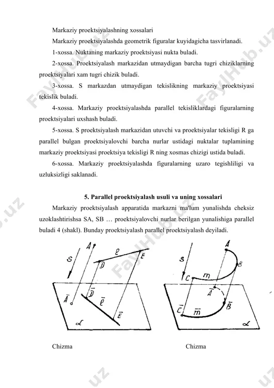 ,y va z uklar bilan birgalikda s yunalishi buyicha usha tekislikka proektsiyalaymiz. a tekislikda xosil bulgan proektsiyaga parallellepipedning aksonometrik proektsiyasi deyiladi. aksonometrik proektsiyalar boshka proektsiyalardan yakkollik bilan fark kiladi, lekin bu proektsiyalar buyicha predmetning ulchamlarini ulchash bir oz murakkabrokdir. proektsiyalash yunalishi s ning aksonometriya tekisligi h ga nisbatan tashkil kilgan burchagiga karab aksonometrik proektsiyalar kiyshik burchakli va tugri burchakli buladi. bunday aksonometriyalar maxsus mavzu sifatida tularok karab chikiladi. chizma _1178371353.unknown _1178371373.unknown