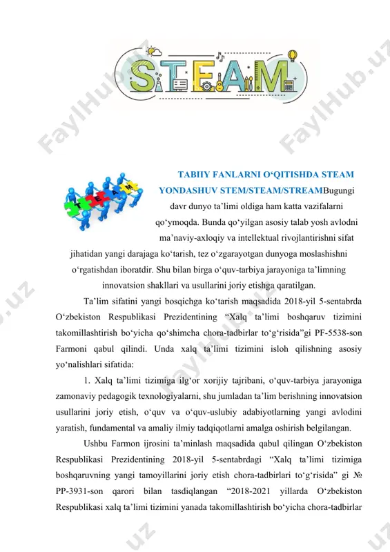 dasturi vatanga muhabbat va vatanparvarlik ruhiyati bilan to‘yintirilgan bo‘lishi lozim. ona vatanni sevmagan mutaxassis-mutaxassis emas. 5. fanning chegarasi yo‘q. vatanga xizmat qiladigan, vatan iqtisodiyotini ko‘tarishga hissa qo‘shadigan malakali mutaxassislar yetkazib chiqarish kerak. 6. global jamiyat muammosi-tanasiz “aqlning sotilishi”. 7. fanni o‘rganish rohatga aylanish kerak. science is fun! “in genious” xalqaro hamkorlik loyihasi 1-xalqaro loyiha: · 2011 - 2014 yillarda stem ta’limini shakllantirish va joriy etish bo‘yicha “in genious” xalqaro hamkorlik loyihasi ishlagan. · unda avstriya, belgiya, chexiya, daniya, estoniya, finlyandiya, germaniya kabi davlatlardan 1500 nafar o‘qituvchilar va 158 ta maktab hamda sanoat korxonalari ishtirok etgan. · loyiha davomida seminarlar, ta’til maktablari, onlayn-konferensiya o‘tkazilgan. “mascil” va “instem” loyihalari 2 - xalqaro loyiha: 2013-2016 yy. “mascil” loyihasi faoliyat ko‘rsatgan. unda 11 ta davlat: avstriya, bolgariya, kipr, chexiya, gretsiya, litva, niderlandiya, norvegiya, ispaniya, turkiya va buyuk britaniya ishtirok etgan. - loyihada ishlab chiqarish korxonalari tomonidan o‘qituvchilar o‘qitilgan. malakali pedagoglarni shakllantirish maqsadida turli xil …