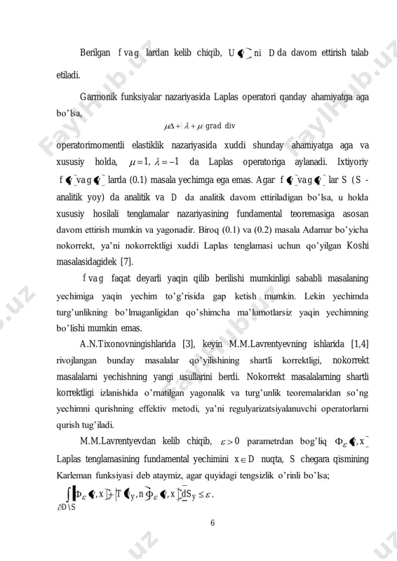 ngan sohalarda va yo’lak tipidagi chegaralanmagan sohalarda qaraladi, soha chegarasi ikkita qismdan tashkil topgan, koshi shartlari esa chegaraning bir qismida beriladi. shunday qilib, karleman matritsasining effektiv qurilishi (0.1) – (0.2) masalaning regulyarizasiyalangan yechimini aniq ko’rinishda yozishga imkon beradi [8-13]. ilmiy yangiligi. tekis sohalarda momentli elastiklik nazariyasi tenglamalari sistemasiuchun koshi masalasi oldin qo’yilmagan va o’rganilmagan. dissertatsiyada maxsus sohalar sinfi uchun (0.1) – (0.2) masalaning regulyarizatsiyalangan yechimi aniq ko’rinishda topilgan [14,15]. tadbiqi. qo’yilgan masalaning yechimini aniq ko’rinishda qurish katta nazariy va amaliy qiziqish uyg’otadi. dissertatsiyada olingan natijalar momentli elastiklik nazariyasining matematik masalalari izlanilishida, geomexanikaning masalalarida foydalanilishi mumkin. § 1.1 da o’rganiladigan koshi masalasining qo’yilishi, yordamchi tasdiqlar, mulohazalar keltirilgan. qaraladigan masala uchun adamar misoli berilgan. 1.2 , 2.1, 2.2 paragraflar ishning asosiy qismi hisoblanadi, bu yerda elastiklik nazariyasi sistemasining fundamental yechimlari matritsasini qurish keltirilgan. maxsus sohalar sinfi uchun yuqorida ta’kidlangan xossalarga ega momentli elastiklik nazariyasi sistemasining fundamental yechimlari matritsasi aniq ko’rinishda qurilgan. bu …
