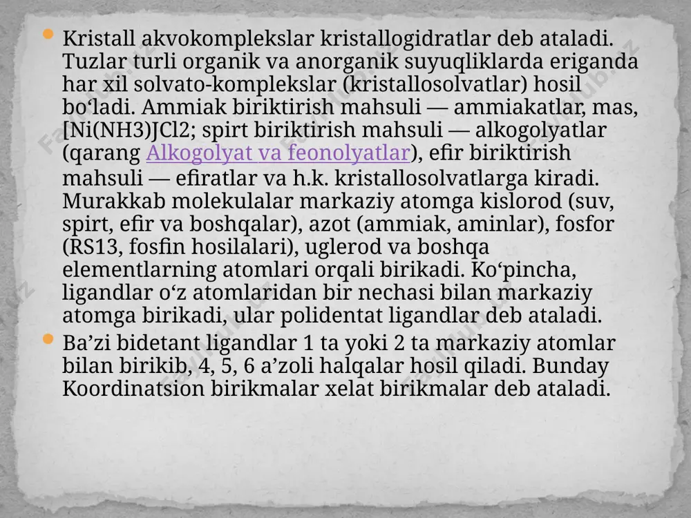 ’zan dativ) bog‘lanish mavjud. ba’zi koordinatsion birikmalarda markaziy atom rasmiy nol valentli bо‘ladi, masalan, cr (c6h6)2, cr (co)6 , fe (co)5 , ni (co)4 , co2 (co)8 kabi birikmalarda markaziy atom bilan ligandlar orasida dativ bog‘lanish hosil bо‘ladi. koordinatsion birikmalarda bо‘ladigan kimyoviy bog‘lanish dastlab kossel va lyuis nazariyalari asosida talqin qilindi. keyinchalik bu haqda uch nazariya yaratildi : 1) valent bog‘lanish yoki atom orbitallar metodi, 2) kristall maydon va 3) molekulyar orbitallar metodi (ligandlar maydoni nazariyasi). e’toboringiz uchun rahmat image3.png /docprops/thumbnail.jpeg