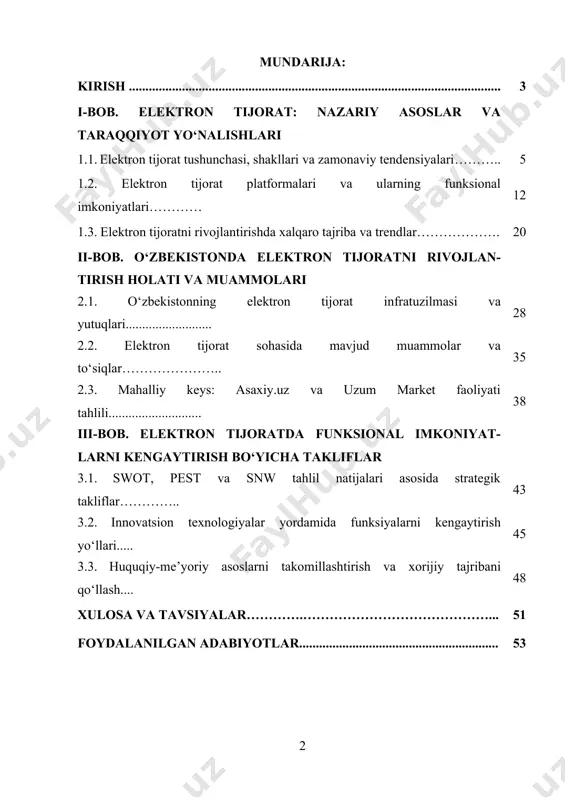 d qilish odatlarining o‘zgarishi elektron tijoratning tez sur’atlar bilan rivojlanishiga zamin yaratmoqda. bugungi kunda dunyo bo‘yicha elektron savdo hajmi trillionlab dollarga yetgan bo‘lib, amazon, alibaba, ebay kabi gigantlar ushbu sohaning kuchli poydevoriga aylangan. o‘zbekiston ham bu jarayonlarda faol ishtirok etmoqda. jumladan, prezident sh.m.mirziyoyevning 2020-yil 5-oktabrdagi pf-6079-sonli farmoni bilan tasdiqlangan “raqamli o‘zbekiston – 2030”[footnoteref:1] strategiyasida elektron tijoratni rivojlantirish, uni iqtisodiyotning yetakchi tarmog‘i sifatida shakllantirish muhim ustuvorliklardan biri sifatida belgilangan. [1: prezident sh.m.mirziyoyevning 2020-yil 5-oktabrdagi “raqamli o‘zbekiston – 2030” pf-6079-sonli farmoni ] biroq amalda elektron tijorat infratuzilmasi, texnologik platformalarning funksionalligi, xavfsizlik masalalari, qonunchilik bazasi va logistika tizimida hali yechimini kutayotgan muammolar mavjud. shu sababli, elektron tijoratda funksional imkoniyatlarni kengaytirish, ularni raqobatbardosh, xavfsiz va qulay tizimga aylantirish, hamda xorijiy ilg‘or tajribalarni milliy sharoitga moslashtirish dolzarb ilmiy-amaliy vazifa bo‘lib qolmoqda. ayni paytda asaxiy.uz, uzum.uz, texnomart.uz kabi milliy elektron platformalar jadal rivojlanmoqda. ammo ularning funksional imkoniyatlari, interfeysi, to‘lov tizimlari va mijozlar bilan ishlash mexanizmlari hali …