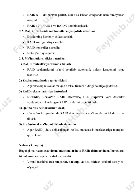 o‘lsa, mutaxassis markazlariga murojaat qilish kerak. xulosa (5 daqiqa) bugungi ma’ruzamizda virtual mashinalarda va raid tizimlarida ma’lumotlarni tiklash usullari haqida batafsil gaplashdik. · virtual mashinalarda snapshot, backup, va disk tiklash usullari asosiy rol o‘ynaydi. · raid tizimlarida kontroller yordamida tiklash, backup, maxsus dasturlar va professional xizmatlar orqali tiklash amalga oshiriladi. bu bilimlar har qanday it mutaxassis uchun muhim bo‘lib, ma’lumot yo‘qolishining oldini olish va tiklash jarayonini samarali bajarishda qo‘l keladi. tinglaganingiz uchun rahmat! savollaringiz bo‘lsa, bemalol so‘rashingiz mumkin. raid nima? raid (redundant array of independent disks) — bu ma’lumotlarni saqlash tizimini yaxshilash uchun bir nechta qattiq disk (hdd yoki ssd)ni birlashtirish usuli. raid tizimi ma'lumotlarni xavfsizroq saqlash, tezkorlikni oshirish yoki ikkalasini ham ta’minlashga yordam beradi. raid turlari va ularning ishlash prinsiplari raid bir nechta turlarga bo‘linadi, har biri o‘ziga xos afzalliklarga ega: 1. raid 0 (striping) · ishlash prinsipi: ma'lumotlar bir necha diskka bo‘lib yoziladi. · afzalliklari: tezkor ishlash, katta …