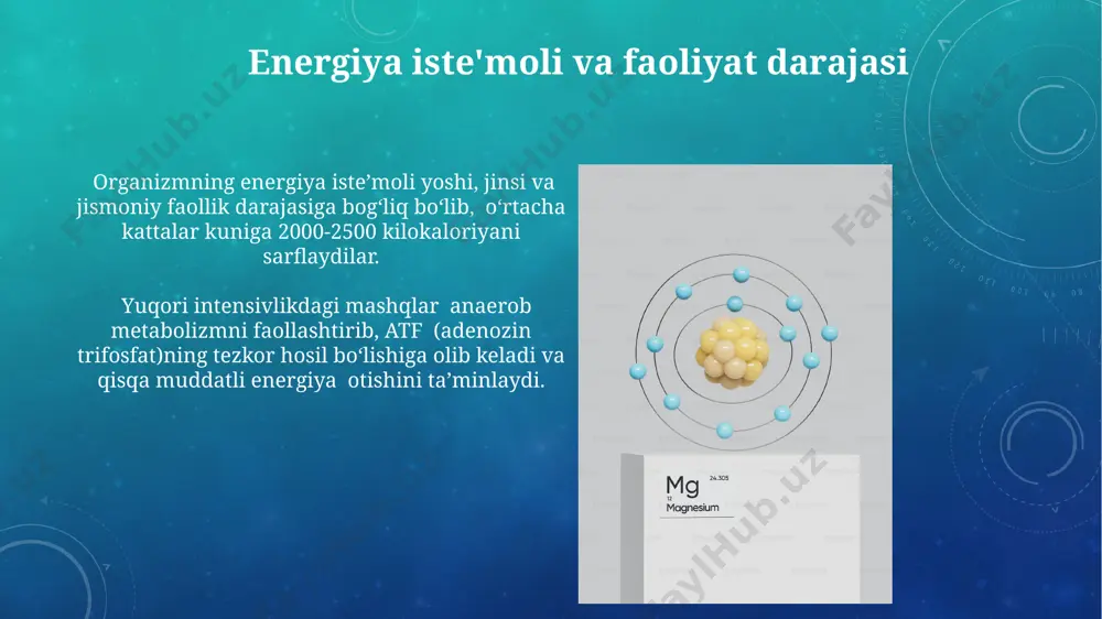 idning uzunligiga bog'liq bo'lib, masalan, 16 uglerodli yog' kislotasi 129 atp molekulasini hosil qiladi. atf – energiya valyutasi atf – hujayralar energiya almashinuvida muhim rol o'ynaydi va atp sintezida ishtirok etadigan fermentlarning faolligini 30% gacha oshirishi mumkin. atf molekulasining tarkibida uchta fosfat guruhi mavjud bo'lib, ularning bog'lanishi yuqori energiyali bog'lanish hisoblanadi va bu bog'lanishlar uzilganda energiya chiqariladi. krebs sikli sitrat sintaz fermenti krebs siklining birinchi bosqichida oksaloasetati va asetil-koa ni birlashtirib, sitrat hosil qiladi, bu siklning muhim boshlang'ich reaksiyasi hisoblanadi. krebs siklida asetat molekulasi 2 molekula karbon dioksidga, 8 molekula nadh, 2 molekula fadh2 va 2 molekula atp (yoki gtp) ga oksidlanadi, bu hujayra uchun energiya beradi. oqsillardan energiya olish oqsillarni energiya manbai sifatida ishlatish organizm uchun so'nggi chora hisoblanadi, chunki bu jarayon metabolizmni buzadi va toksinlar hosil bo'lishiga olib keladi. oqsillar atp sintezida ishtirok etadi, har bir gramm oqsilning toʻliq parchalanishi taxminan 4 kilokaloriya energiya beradi, ammo bu jarayon …