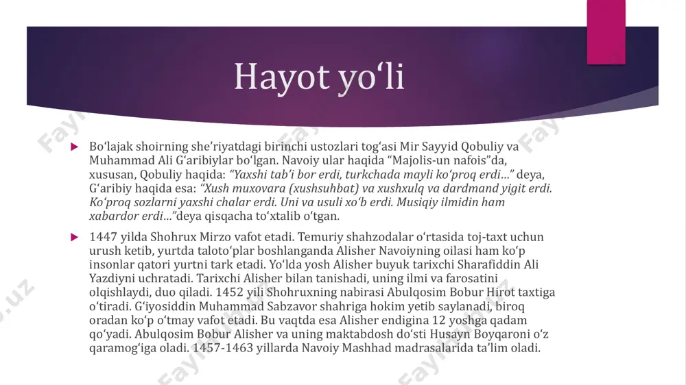 oir ijodi alisher navoiy ikki tilda mukammal ijod qilgan. turkiy tilda “navoiy”, forsiy tilda esa “foniy” taxalluslarini qoʻllagan. alisher navoiyning adabiy va ilmiy merosini 4 faslga boʻlish mumkin: 1. devonlari. 2. dostonlari. 3. forsiy tildagi sheʼriy merosi. 4. ilmiy-filologik, nasriy va tarixiy asarlari. alisher navoiyning oʻzbek tilida yaratgan sheʼriy merosi asosan "xazoyin ul-maoniy" devoniga jamlangan. asar 4 qismdan iborat. devonning birinchi qismiga "gʻaroyib us-sigʻar" ("bolalik gʻaroyibotlari"), ikkinchi qismiga "navodir ush-shabob" ("yigitlik nodirotlari"), uchinchi qismiga "badoyeʼ ul-vasat" ("oʻrta yosh badialari") va nihoyat, toʻrtinchi qismiga "favoyid ul-kibar" ("keksalik foydalari") degan nomlar berildi. "xazoyin ul-maoniy" inson bolasining murakkab va yuksak tafakkuri hamda behisob his- tuygʻulari bilan bogʻliq minglarcha sheʼr va oʻnlarcha sheʼr turlarini oʻz ichiga olgan majmua boʻlib, sharq adabiyoti tarixida noyob hodisadir. bu xil majmua alisher navoiyga qadar amir xisrav dehlaviy tomonidangina tuzilgan. ushbu devonga kirgan minglarcha sheʼrlarni alisher navoiy butun umri davomida turli sharoitlarda, har xil sabablar bilan yozgan boʻlib, ular …