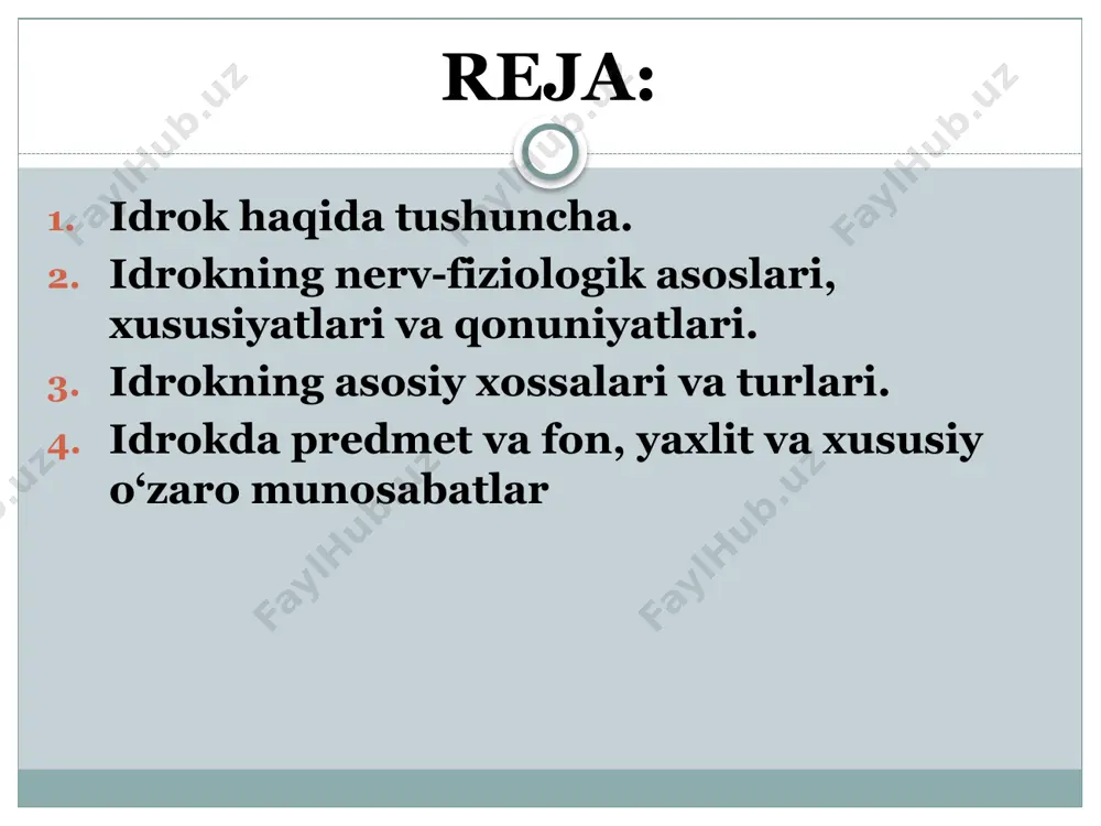 sita ta’sir ko‘rsatganida ham hosil bo‘ladi. idrokning yaxlitligi, hatto, idrok etilayotgan ob’ektning alohida xossalari chala aks ettirilganida ham qabul qilingan axborot xayolan aniq jismning yaxlit obrazi holatiga yetkazilishi bilan ifodalanadi. idrokning konstantligi idrokning navbatdagi xossasi uning konstantligidir. konstantlik deb, idrok qilish sharoitlarining o‘zgarishida jismlar ba’zi bir xossalarining nisbiy doimiyligiga aytiladi. perseptiv tizimning idrok sharoitlarining o‘zgarishini to‘ldirish qobiliyatida namoyon bo‘ladigan konstantlik tufayli, bizni o‘rab turgan jismlarni nisbatan doimiy jismlar sifatida idrok etamiz. yuqori darajadagi konstantlik jismlar rangi, kattaligi va shaklini ko‘rish idrokida kuzatiladi. harakatni idrok qilish harakatni idrok qilish masalasini ko‘rib chiqamiz. agar jism fazoda harakatlanayotgan bo‘lsa, u holda biz, uning harakatini yaxshi ko‘rinish sohasidan chiqishi bilan, unda yana nigohimizni to‘xtatishimiz uchun ko‘zlar yoki boshni harakatlantirishimizga majbur qilishining natijasi sifatida idrok etamiz. bunda ikki hodisa sodir bo‘ladi. birinchidan, jismning tanamiz holatiga nisbatan surilishi uning fazodagi harakatlanishidan darak beradi. ikkinchidan, miya jismni kuzayotgan ko‘zlar harakatini qayd etadi. ikkinchi holat harakat idroki uchun …