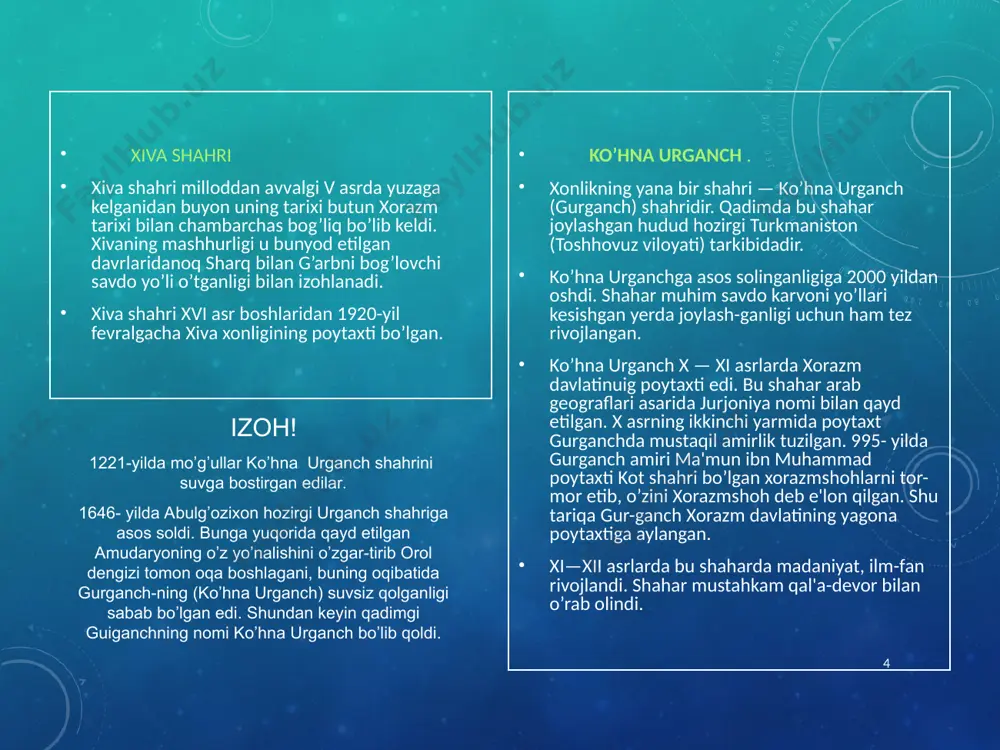 toiov haqi), mirobona (mirob uchun yig’im) darvozabon puli (yukni o’tkazganlik uchun shahar darvozasi qorovuliga to’lanadigan haq) va hkz.soliqlar mavjud edi. * xiva xonligida begar majburiyatlar. qazu — butun qishloq aholisini katta va kichik kanallarni tozalashga safarbar etish majburiyati. ichki va obxo’ra qazu — har yili kanallarning suv taqsimlagichini tozalash majburiyati hachi — himoya dambalari qurish va ularni mustahkamlashda qatnashish majburiyati.. otlanuv — xon ovida qatnashish uchun lashkarlikka kelish. begar — rasman 12 kunlik davlat majburiyati; unga ko’ra, qishloqning har bir xonadonidan bir kishidan odamlarni to’plashardi. ular har yili turli qurilish ishlarida, kanal qazishda, yo’llarni tuzatishda, xon saroylari qurilishida ishlar edilar. begarning muddati 12 kun deb belgilangan bo’lsa-da, aslida u bir oy, undan ko’proqqa ham cho’zilar edi. me'morchilik xviii asr oxirida muhammad amin hukmronligi davridan boshlab birmuncha siyosiy barqarorlik o’rnatildi. bu omil xiva shahrining holatiga ijobiy ta'sir ko’rsatdi. chunonchi, 1782- yilga kelib xiva shahrida qayta tiklash ishlari tugallandi. qayta tiklash ishlaridan …