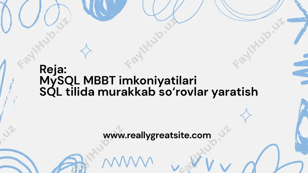 mkoniyatlarni qo'llab- quvvatlaydi. biz u bilan yangi jismoniy ma'lumotlar modellarini, er diagrammalarini va sql so'rovlarini yaratishimiz mumkin (so'rovlarni bajarish va h.k.). ushbu vosita yordamida yangi ma'lumotlar bazasini yaratish uchun mysql workbench dasturini ishga tushiring va belgilangan foydalanuvchi nomi va parol bilan tizimga kiring. quyidagi ekran paydo bo'ladi: ekranda yangi sxema oynasi paydo bo'ladi. yangi ma'lumotlar bazasini yaratishda birlamchi •belgilar to'plami va taqqoslashdan foydalaning (masalan, staffedb). sql o‘zaro bog‘langan jadval ko‘rinishida taqdim etiladigan relyatsion ma’lumotlar bazalarini (mb) boshqarish uchun ishlatiladi. sql so‘rovlarning 4 turi mavjud bo‘lib, ular sql tilining quyi guruhlari deb ham ataladi. ularning har biri mb yoki ma’lumotlar bilan ma’lum harakatlarni bajaradi va har biri o‘z so‘rovlar to‘plamiga ega: threats strengths opportunities •ddl – data definition language. maʼlumotlar bazasi strukturasini ta’riflash va boshqarish tili. bunday so‘rovlar yordamida mbni noldan yaratish, tuzilishini tavsiflash va unda ma’lumotlarni joylashtirish qoidalarini sozlash mumkin. ddl so‘rovlari yordamida amalga oshiriladigan o‘zgarishlar odatda doimiy bo‘lib, avtomatik …