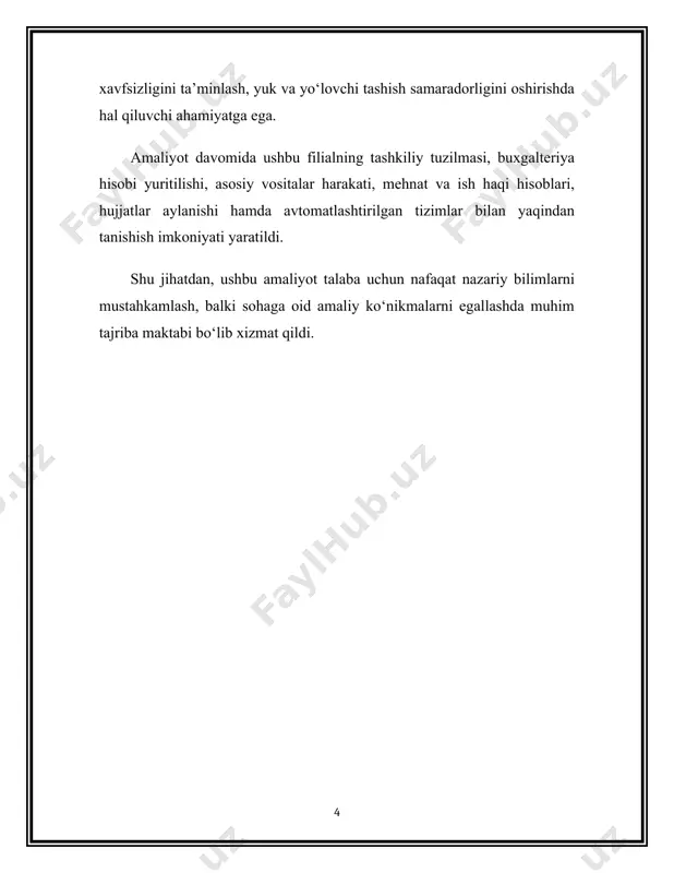 afsil tanishdim, ularning tuzilmasi va buxgalteriya hisoblarida qanday aks ettirilishini o‘rgandim. korxonadagi xo‘jalik vositalari quyidagi guruhlarga ajratilgan: 2.1. asosiy vositalar korxonada ishlab chiqarish jarayonini yuritish va xizmat ko‘rsatish maqsadida foydalanilayotgan bino-inshootlar, uskunalar, transport vositalari va boshqa uzoq muddatli aktivlar asosiy vositalar sifatida tasniflanadi. ular ishlab chiqarish sikli davomida ko‘p marta qatnashadi va o‘z qiymatini eskirish (amortizatsiya) shaklida bosqichma-bosqich mahsulot tannarxiga o‘tkazadi. amaliyot davomida asosiy vositalar maxsus kartochkalar orqali hisobga olinishi, ularning qiymati, eskirish summasi va balansdagi holati haqida ma'lumotlar “01 – asosiy vositalar” schyotida yuritilishi bilan tanishdim. 2.2. aylanma vositalar ishlab chiqarishda bevosita ishtirok etadigan va bir marta foydalanish orqali o‘z qiymatini mahsulotga to‘liq o‘tkazadigan xomashyo, materiallar, yoqilg‘i, ehtiyot qismlar aylanma vositalar guruhiga kiradi. ular “10 – materiallar” hamda “20 – asosiy ishlab chiqarish” schyotlari orqali hisobga olinadi. aylanma vositalarning zaxiralarini to‘g‘ri yuritish korxona ishlab chiqarishining uzluksizligini ta’minlashda muhim omil hisoblanadi. 2.3. pul mablag‘lari korxonaning naqd pul mablag‘lari, bank hisobvaraqlaridagi …