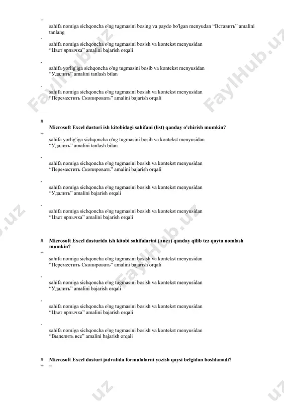 crosoft excel dasturi jadvalida formulalarni yozish qaysi belgidan boshlanadi? + = - _ - * - - # microsoft excel dasturida quyida keltirilgan ma'lumotlar turining qaysi biri mavjud emas? + grafik - matn - jadval - sonlar # yacheyka manzili to'g'ri yozilgan javobni ko'rsating: + b7 - ж5 - й8+л9 - ы5 # noto'g'ri yozilgan formulani ko'rsating: + a1+b4 - =a1+b4 - =a1+b4-а2 - =(a1+b4)/5 # microsoft powerpoint dasturida yangi hujjat yaratilganda, odatda dastur tomonidan unga qanday nom beriladi? + “презентация 1” - "документ1" - "книга 1" - "база данных1" # kompyuter diskida yoki ixtiyoriy axborot tashuvchida joylashgan «.pptx» kengaytmali faylga sichqoncha ko'rsatkichi bilan ikki marta bosilsa qanday jarayon sodir bo'ladi? + microsoft powerpoint dasturi ishga tushiriladi va unga tanlangan hujjat yuklanadi - microsoft word dasturi ishga tushiriladi va unga tanlangan hujjat yuklanadi - microsoft excel dasturi ishga tushiriladi va unga tanlangan hujjat yuklanadi - microsoft outlook express dasturi ishga …