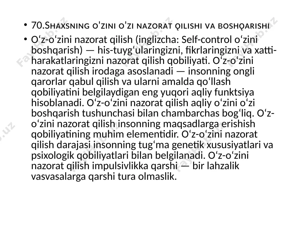 shish uchun motivatsiyani shakllantirishga ijobiy ta'sir ko'rsatadi. jamoatchilik fikrining roli); ikkinchisi - tadqiqot maqsadi, so'rovning anonimligi shartlari, natijalardan foydalanish yo'nalishi va ularning ahamiyati, so'rovnomani to'ldirish qoidalari va tushuntirish to'g'risidagi xabar; uchinchisi - respondentlarning faktlari, xatti-harakatlari, faoliyat mahsuli, motivlari, baholari va fikrlari haqidagi savolni o'z ichiga olgan so'rovnomaning asosiy qismi; to'rtinchisi - respondentlarning ijtimoiy-demografik xususiyatlariga oid savol (bu respondentning o'ziga xos tashrif qog'ozi, uning sxematik avtoportreti, so'rovnomaning boshida ham, oxirida ham joylashtirilishi mumkin). 72. fᴀᴏʟɪʏᴀᴛ ʜᴀǫɪᴅᴀ ᴛᴜsʜᴜɴᴄʜᴀ faoliyat subyektning olam bilan faol oʻzaro munosabatidir. odam faoliyati falsafaning faoliyat falsafasi sohasida oʻrganiladi. faoliyat — kishilarning tashqi olamga faol munosabati shakli, insonning oʻzini oʻzi maqsadga muvofiq tarzda oʻzgartirish usuli, inson borligʻining muhim xususiyatlaridan biri. faqat f. zamiridagina inson mohiyati namoyon boʻlishi, jamiyatning, har qanday ijtimoiy tuzilmaning mavjudligi taʼminlanishi mumkin. 73. fᴀᴏʟɪʏᴀᴛɴɪɴɢ ᴛᴜᴢɪʟɪsʜɪ ᴠᴀ ᴛᴜʀʟᴀʀɪ faoliyatning va uni tashkil etuvchi predmetli harakatlarning aynan nimalarga yunaltirilganiga qarab, avvalo tashqi va ichki faoliyat farqlanadi. tashqi faoliyat …