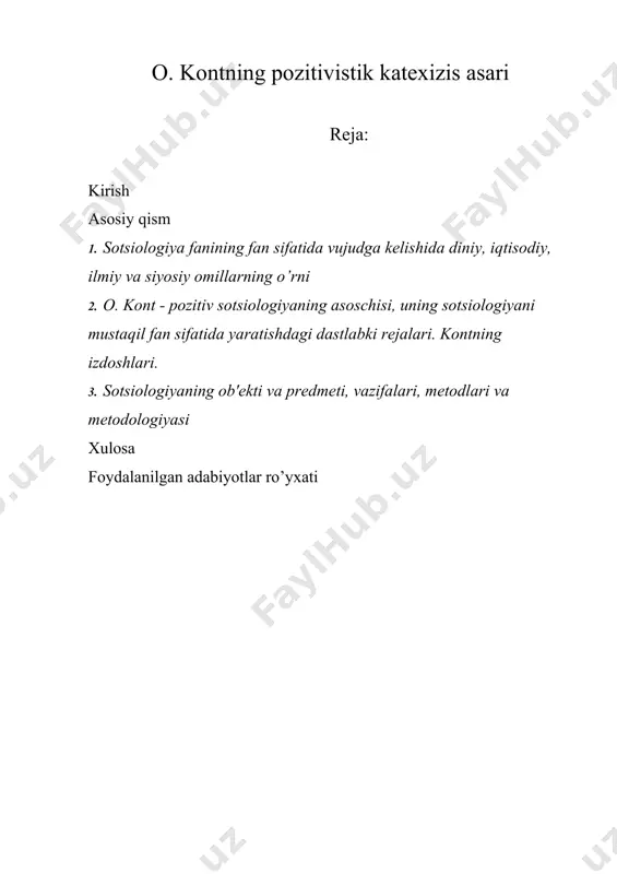 asarlaridagi ijtimoiy qarashlarni sotsiologiyaning shakllanishidagi muhim manbalar sifatida baholash mumkin. shuning uchun mazkur fanning kelib chiqish tarixini o’rganish barobarida tarixiy rivojlanish natijasida turli davr va mintaqaga oid bo’lgan olimlarning qoldirgan fikr va g’oyalarini o’rganish muhim ahamiyat kasb etadi. asosiy qism 1. sotsiologiya fanining fan sifatida vujudga kelishida diniy, iqtisodiy, ilmiy va siyosiy omillarning o’rni “sotsiologiya” atamasining lug’aviy va etimologik ma'nosiga nazar tashlasak, u lotincha “society” – “jamiyat” va yunoncha “logos” – “so’z, tushuncha, ta'limot” so’zlarining yig’indisidan tashkil topgan bo’lib, jamiyat to’g’risidagi fan sifatida talqin etiladi. aniqroq qilib aytadigan bo’lsak, sotsiologiya yaxlit tizim sifatidagi jamiyat, sotsial institutlar, sotsial guruhlar, jamiyat tuzilmalari va ularda yuz beradigan sotsial jarayonlarni, hodisa va voqyealarni o’rganuvchi fandir. sotsiologiya jamiyat hayotini o’rganuvchi ijtimoiy fan bo’lgani uchun uning vujudga kelishida jamiyatdagi muhim ijtimoiy ehtiyojlar hamda olimlarning ilmiy yetukligi asosiy o’rin egallaydi. uning fan sifatida qaror topishida xristianlik dinidagi bo’linish, ya'ni g’arbiy yevropada protestantlik[footnoteref:1] g’oyalarining tarqalish hamda aholi dunyoqarashiga …
