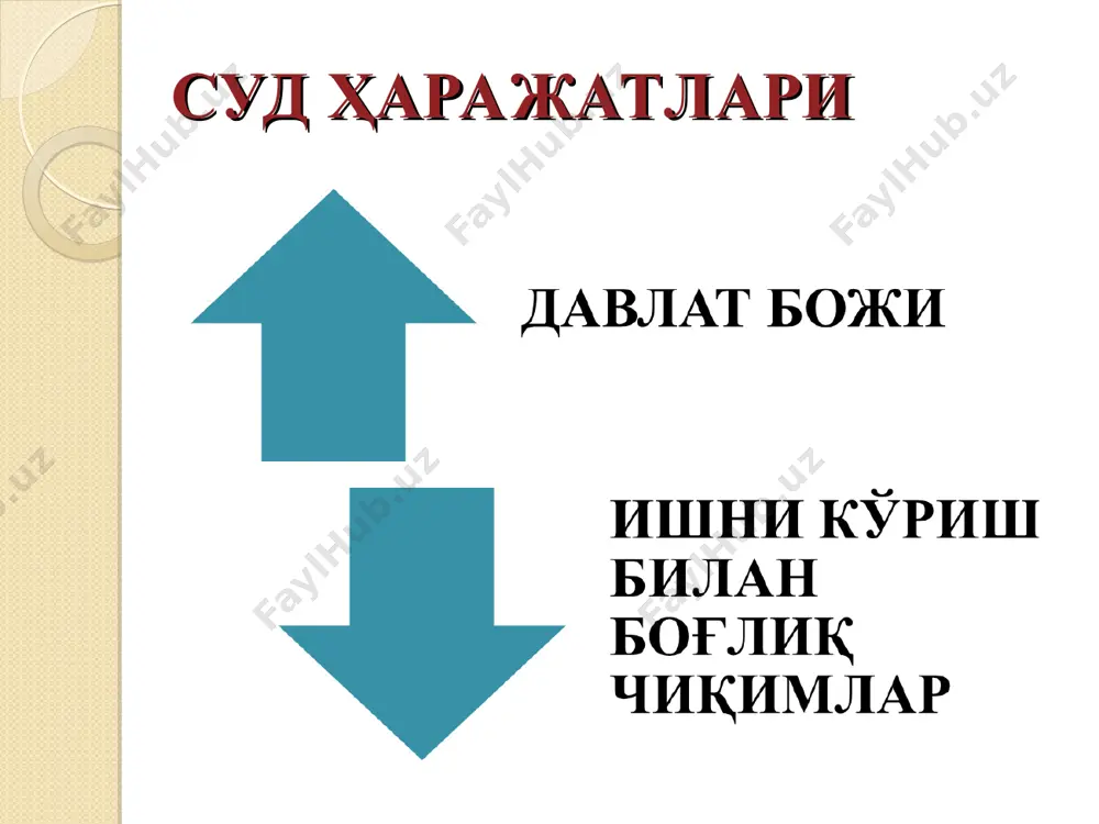 anda etishmagan summa da'voning ko'paytirilgan bahosiga muvofiq ravishda qo'shimcha tarzda to'lanadi. to'langan davlat boji quyidagi hollarda qisman yoki to'la qaytarilishi kerak: 1) davlat boji qonun hujjatlarida talab qilinganidan ortiqcha miqdorda to'langanida; 2) sud da'vo arizasini (arizani, shikoyatni) qaytarganda yoki qabul qilishni rad etganda, shuningdek davlat notarial idoralari notarial harakatlarni amalga oshirishni rad etganda; 3) apellyatsiya, kassatsiya shikoyati qaytarilganda yoki uni qabul qilish rad etilganda; 4) davlat boji to'langan da'vo arizasi (ariza, shikoyat) yoki apellyatsiya, kassatsiya shikoyati sudga kelib tushmaganda; 5) agar ish sudga taalluqli bo'lmasa, ishni yuritish tugatilganda; 6) ariza ko'rmasdan qoldirilganda, agar u muomalaga layoqatsiz shaxs tomonidan berilgan bo'lsa; 7) sudning yoki hakamlik sudining ish yurituvida ayni bir taraflar o'rtasidagi, ayni bir predmet to'g'risidagi va ayni bir asoslar bo'yicha nizo yuzasidan ish mavjud bo'lsa, ariza ko'rmasdan qoldirilganda; 8) agar taraflar o'rtasida nizoni hal qilish uchun hakamlik sudiga topshirish to'g'risida hakamlik bitimi tuzilgan bo'lsa, ariza ko'rmasdan qoldirilganda; 9) agar taraflar …