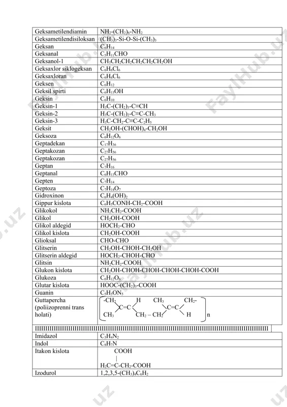 -c(oh)(cooh)-ch2-cooh linol kislota ch3-(ch2)4-ch=ch-ch2-ch=ch-(ch2)7-cooh linolein kislota ch3ch2ch=chch2ch=chch2ch=ch(ch2)7cooh linolen k-ta c2h5ch=chch2ch=chch2ch=ch(ch2)7cooh mmmmmmmmmmmmmmmmmmmmmmmmmmmmmmmmmmmmmmmm magniy metilyodid ch3mgj malein k-ta (sis-izomer) h-c-cooh || h-c-cooh mallon kislota hooc-ch2-cooh maltoza c12h22o11 margarin kislota ch3-(ch2)15-cooh metaakril k-ta ch3=c(ch3)-cooh metan ch4 metanal hcho metanol ch3oh metil amin ch3-nh2 metil butil efir ch3-o-c4h9 metil etil efir ch3-o-c2h5 metil etilketon ch3-co-c2h5 metil geksadetsilketon ch3-co-c16h33 metil ikkilamchi butil efir ch3-o-ch(ch3)c2h5 metil izobutil efir ch3-o-ch2-ch(ch3)2 metil izopropil efir ch3-o-ch(ch3)2 metil izopropil keton ch3-co-ch(ch3)2 metil mallon kislota hooc-ch(ch3)-cooh metil propil efir ch3-o-c3h7 metil propil keton ch3-co-c3h7 metil uchlamchi butil efir ch3-o-c(ch3)3 metilenxlorid ch2cl2 metiletilamin ch3-nh-c2h5 metiletilmallon kislota hooc-c(ch3)(c2h5)-cooh metilnatriy ch3na metiltetradetsil keton ch3-co-c14h29 metilxlorid ch3cl miristin kislota ch3-(ch2)12-cooh m-ksilol c6h4(ch3)2 mochevina nh2-co-nh2 mononitroselluloza c6h7o2(oh)2ono2 moy aldegid сh3ch2ch2cho moy kislota c3h7cooh moykislota amidi ch3-(ch2)2-conh2 mukon k-ta hooc-ch=ch-ch=ch-cooh nnnnnnnnnnnnnnnnnnnnnnnnnnnnnnnnnnnnnnnnnnnnnnnnnn naftalin c10h8 natriy etileat c2h5ona natriy fenolyat c6h5ona nikotin c10h14n2 nikotin kislota c5h4ncooh nitrobenzol c6h5no2 nitroetan c2h5no2 nitrogeksan c6h13no2 nitrozamin (c6h5)2n=no nonadekan c19h40 nonakozan c29h60 nonan …