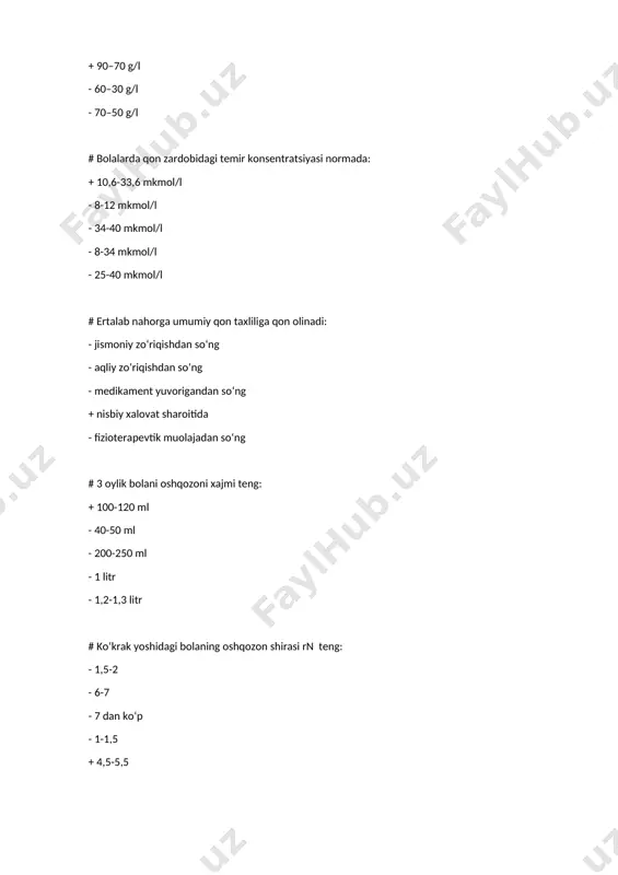 25 - 30–35 - 60–70 # 5 yoshli sog‘lom bola 1 minutda nafas soni qancha: - 40–60 - 35–40 - 30–35 + 25 - 18–20 # 10 yoshli sog‘lom bola 1 minutda nafas soni qancha: + 18–20 - 20–30 - 25 - 30–35 - 40–60 # piuriya sindromi - bu: - siydikdagi leykotsitlar - siydikdagi eritrotsitlar + siydikdagi leykotsitlar va bakteriyalar - siydikdagi eritrotsitlar va bakteriyalar - siydikdagi oqsil # ko‘ks oralig‘ining zararlangan tarafga siljishi kuzatiladi: - gemotoraksda - pnevmotoraksda - gidropnevmotoraksda - lobar emfizemada + o‘pka atelektazida # bolalarda alveolalarning intensiv rivojlanishi qachon kuzatiladi: + tug‘ilgandan 2 yoshgacha - 2 - 5 yosh - 5 - 7 yosh - 7 - 10 yosh - 10 - 14 yosh # chap o‘pka tashkil topgan: - 8 segmentdan + 9 segmentdan - 10 segmentdan - 11 segmentdan - 12 segmentdan # oliguriya - bu: - uvelichenie sutochnogo kolichestva mochi + umenshenie …
