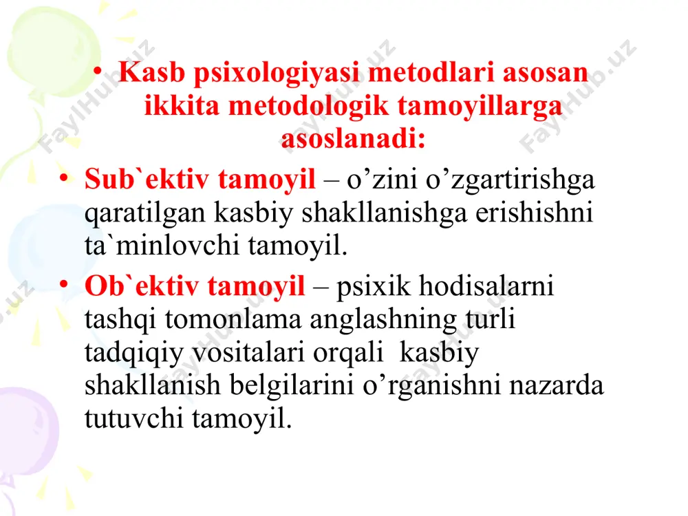 h metodi kasblar tavsifi praksimmetirik usullar topshiriqlarni tahlil qilish, hujjatlarni o’rganish, mehnat metodlari, kuzatilayotganlarni savol javob orqali o’rganish muhim kasbiy belgilarni o’lchash psixometrik usullar maxsus qobiliyatlar testi, muvaffaqiyatlarni o’rganish testi, qiziqishlar bo’yicha savol-javoblar, ta`lim diagnostikasi shaxsning kasbiy shakllanishni tushuntirish eksperimental usullar tabiiy, laboratoriya, shakllantiruvchi usullar tadqiqot usullariga ishlov berish matematik ishlov berish usulari despertsion, korrelyatsion, faktorli (omilli) tahlil genetik metodlar uzoq vaqt davomida shaxs kasbiy rivojlanishining o’zgarishlarini tadqiq etish uchun mo’ljallangan. kasb psixologiyada longityud metod, psixobiografiya, individ kasbiy shaklanishining monografik tasvirlash usullaridan keng foydalaniladi. longityud metodning kamchiligi uning davriyligidadir. shaxsiy va kasbiy o’zgarishlar tasodifiy yoki drammatik voqealarga bog`liq bo’lishi mumkin. yillar davomida tekshiriluvchilar sonining qisqarishi, o’rganilayotgan jarayonlarning mazmun mohiyati kengayib boradi. longityud metodining qo’llanilishini chegaralovchi omillardan biri shaxsni o’rganish uchun ko’p vaqtni ketishidir. longityud metodining kamchiliklarini boshqa psixobiografik usullarni qo’llash yordamida bartaraf etish mumkin. biografik usul – shaxs hayot yo’lini o’rganish va loyihalashtirish usullari, hayotiy dasturlar, kasbiy rejalar, kasbiy shaxsiy …