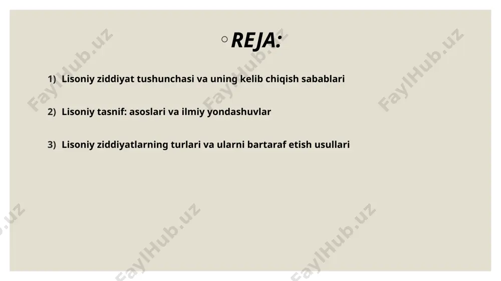 oshirish bo‘yicha targ‘ibot ishlari 2. tillarni qo‘llab-quvvatlash va rasmiy maqom berish 4.ko‘p tillilikni ijobiy qadriyat sifatida targ‘ib qilish 5.til o‘rganish imkoniyatlarini kengaytirish lisoniy ziddiyatlar turlari: etnik-lisoniy ziddiyat – til muayyan etnik guruhning identiteti sifatida namoyon bo‘lib, boshqa guruhlar bilan to‘qnashuv yuzaga keladi. davlat siyosati bilan bog‘liq ziddiyat – rasmiy til yoki til siyosati sababli paydo bo‘ladi. madaniy-lisoniy ziddiyat – til orqali madaniyat va qadriyatlar o‘rtasida to‘qnashuv bo‘ladi. ta’lim va kommunikatsiyadagi lisoniy ziddiyatlar – o‘qitish tili yoki axborot olish huquqi bilan bog‘liq muammolar. xulosa lisoniy ziddiyatlar zamonaviy jamiyatlar hayotida muhim ijtimoiy va madaniy masala sifatida namoyon bo‘lmoqda. ularning kelib chiqishi, asosan, tilga nisbatan siyosiy, ijtimoiy yoki madaniy munosabatdagi nomutanosibliklar bilan bog‘liq. lisoniy tasnif orqali esa tillar o‘rtasidagi o‘xshashliklar va farqlar aniqlanib, bu tillarni chuqurroq o‘rganish imkonini beradi. ziddiyatlarning turli shakllari mavjud bo‘lib, ularni bartaraf etish uchun adolatli til siyosati yuritish, ko‘p tillilikni qadrlash va har bir tilda so‘zlashuvchi jamiyat a’zolarining huquqlarini …