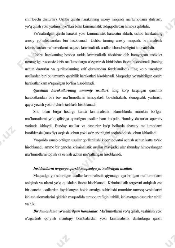 bir tomonlama yo‘naltirilgan harakatlar. ma’lumotlarni yo‘q qilish, yashirish yoki o‘zgartirib qo‘yish mantiqiy bombalardan yoki kriminalistik dasturlarga qarshi eksploitlardan foydalanishlar orqali amalga oshiriladi (bunday vositalar dastur xatoliklaridan foydalanishi mumkin). yo‘naltirilgan qarshilik ko‘rsatish asosan kriminalistikaning quyidagi zaif joylariga hujum qilishi mumkin: 1. usul. 2. vosita. 3. harakat. usul - kompyuter ma’lumotlarini o‘rganib chiqish uchun umumiy usullar. masalan: kriminalistik operatsion tizim yuklanishi, u o‘z navbatida nusxalashdan himoyalanmagan tarzda ishga tushiriladi, keyinchalik kerakli fayllardan nusxa olish uchun ham ishlatiladi. vosita – dastur yoki qurilma hisoblanib, kriminalistik izlanishlarning ma’lum darajasida foydalaniladi. misol: kriminalistik live cd grml. harakat - ma’lum bir darajadagi maqsadga yo‘naltirilgan harakatlar ketma ketligidir. masalan: fayllarni nusxalash uchun dastur ishga tushirilishi (natija: diskda mavjud bo‘lgan fayllar nusxalanishi) fayllarni indekslash uchun dasturni ishga tushirish (natija kerakli faylni kalit so‘zlar yordamida tezdo topib olish). yuqorida keltirilgan zaif nuqtalarga qarshi quyidagi harakatlarni keltirishimiz mumkin: 1. karshi harakat qurilmada maxsus fayllar yaratish orqali: 2. kriminalistik izlanish aniqlansa …