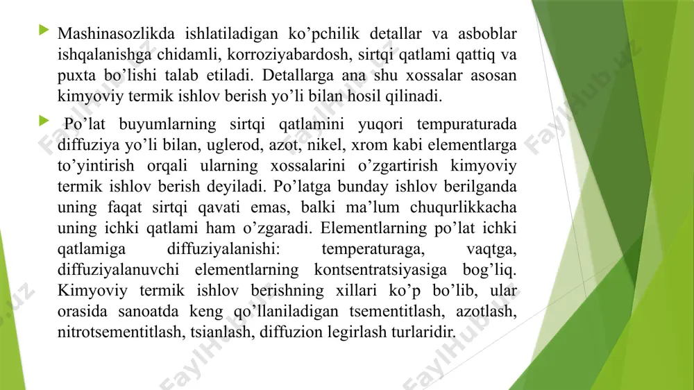 adi. karbyurizatorda kimyoviy reaktsiya sodir bo’ladi, ya’ni pista ko’mir oksidlanadi: 2c + o2  2 co so’ngra uglerod (ii) oksid atomar uglerodga parchalanadi: co  co2 + c ana shu uglerod po’lat katlami sirtiga diffuzilanadi. karbyurizatordagi tuzlar ham yuqori temperaturada parchalanib, uglerod (iv) oksid hosil qiladi: baco3 ba + co2. uglerod (iv) oksid esa pista ko’mir bilan birikib, qo’shimcha uglerod (ii) oksid hosil qiladi: co2 + c  2co gaz muhitida tsementitlashda maxsus pechlarda 900 - 950 0s da qizdirilgan po’lat buyumlar ustidan tarkibida uglerod bo’ladigan gaz (metan, propan, butan, uglerod (ii) oksid) ma’lum tezlikda o’tkaziladi. bunda yuqori temperaturada gazlar parchalanib, hosil bo’lgan atomlari uglerod po’lat buyum sirtiga diffuziyalanadi: ch4  2h2 + c 2co  co2 + c suyuq muhitda tsementitlash, odatda, tuzli vannada o’tkaziladi. po’lat buyumlarni suyuq muhitda tsementitlash jarayoni 75 – 80 % li na2co3, 10 - 15 % li nacl bilan 6 - 10 % li …
