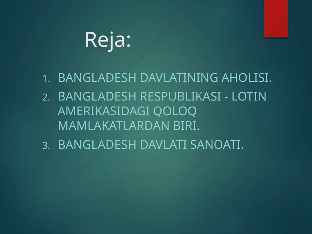 igi vakillari, hindiston, janubiy koreya kabi davlatlarning vakillari ham ishtirok etishdi. bangladeshdagi zamonaviy san'at harakati 1950-yillarda, ayniqsa zaynul abedinning kashshof asarlari bilan shakllangan . sharqiy bengaliya g'arbiy bengaliyadagi san'at harakatlaridan ajralib turadigan o'zining modernistik rasm va haykaltaroshlik an'analarini ishlab chiqdi. dakka san'at instituti mintaqadagi tasviriy san'atning muhim markazi bo'lgan . uning yillik bengal yangi yil paradi 2016 yilda yunesko tomonidan nomoddiy madaniy meros ro'yxatiga kiritilgan. sanoati zaif rivojlangan va mayda konchilik korxonalaridan iborat. kumush, qoʻrgʻoshin rux rudalari, oltin qazib olinadi. bir yilda oʻrtacha 1,1 mlrd. kilovatt-soat elektr energiya hosil qilinadi. oziq-ovqat, toʻqimachilik, neftni qayta ishlash, sellyuloza-qogʻoz korxonalari ham bor. temir yoʻllarning uzunligi — 996 km, avtomobil yoʻllari uzunligi — 14,2 ming km. tegusigalpa va san-pedro-sulada xalqaro aeroportlar bor. image2.jpeg image3.png image4.png image5.jpeg