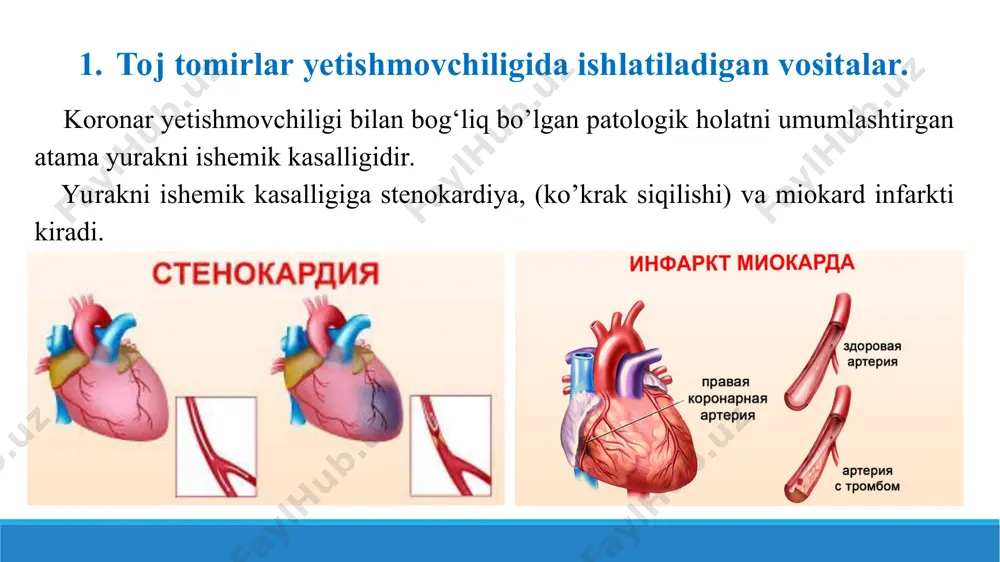 dga bo’lgan talabini, yurak qisqarishlar sonini kamaytirish yo’li bilan ham erishish mumkin (bradikardiya chaqiruvchi preparatlar orqali). yurakni kislorodga bo’lgan talabini va kislorodni yetkazib berilishini aniqlovchi faktorlar o2 ga bo’lgan talab o2 yetkazib berilishi diastolik bosim (prednagruzka) sistolik bosim (postnagruzka) miokard devorini zo’riqishi yurak qorinchalari hajmi yurak (radiusi) bo’yicha o’lchami qorincha bosimi yurak qisqarishlar tezligi qisqaruvchanlik qondan o2 ajralishi (%) koronar qon aylanish aortadagi diastolik bosim arteriolalarga bo’lgan qarshilik metabolik autoregulyastiya (adenozin endokardial-epikardial korona qon aylanish) kollateral qon ay shunday ta’sir qilish turiga, silliq mushak hujayralari ichiga kalsiy ionlari kirishini susaytiruvchi moddalar (verapamil) kiradi. koronar qon aylanishni va miokardni oksigenatsiyasini koronar tomirlarni kengaytirish yo’li bilan amalga oshirish mumkin. odatda bu holat moddalarni tomirlar silliq muskuliga to’g‘ridan-to’g‘ri ta’siri natijasida yuzaga keladi. bundan tashqari antianginal preparatlar, miokardda koronar tomirlarni kengaytiruvchi endogen moddalarni (masalan, adenozin) to’planishiga olib keladi. dipiridamol shunday tipda ta’sir qiladi. shu bilan bir qatorda ba’zi preparatlar, reflektor ravishda koronar tomirlar spazmini …