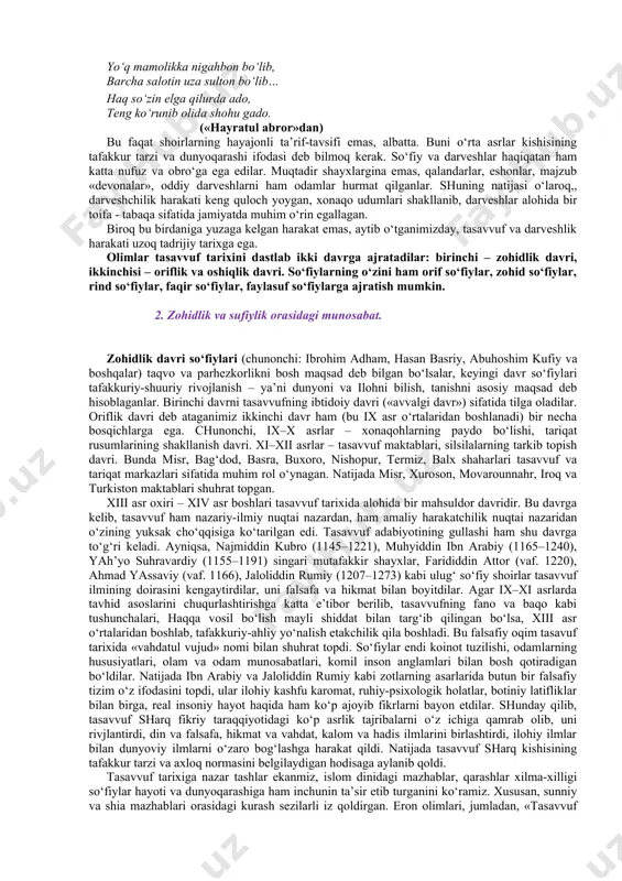 lar, deb tushuntiradilar. yana bir guruh olimlar so‘fiy so‘zi «safo» so‘zidan kelib chiqqan, chunki bu toifaning qalbi sidqu safo oftobiday porlab turadi, deganlar. yana ba’zilar so‘fiy «sufuh» so‘zidan yasalgan, sufuh – biror bir narsaning xulosasidir, bu jamoa xalqning xulosasi bo‘lganligi sababli ularni so‘fiy deganlar, deb yozadilar. so‘fiy so‘zi «sof» so‘zidan chiqqan deguvchilar ham bor. abu rayhon beruniy bo‘lsa «suf», ya’ni faylasuf so‘zining oxirgi qismidan yasalgan deb ko‘rsatadi. ammo ko‘pchilik so‘fiy so‘zi arabcha «so‘f» so‘zidan hosil bo‘lgan, degan fikrni bildiradilar. «so‘f» so‘zining lug‘aviy ma’nosi jun va jundan to‘qilgan matodir. so‘fiylar ko‘p hollarda jun chakmon yoki qo‘y terisidan tikilgan po‘stin kiyib yurishni odat qilganlari uchun ularni jun kiyimlilar (forschasi pashminapo‘sh), ya’ni so‘fiy deb yuritganlar. bizningcha, shu keyingi e’timologik ma’no haqiqatga yaqinroqdir, zero, so‘fiy so‘zining «so‘f» so‘zidan yasalishi arab tili qonun-qoidalariga mos keladi. agar «so‘f» so‘zidan so‘fiy yasalgan bo‘lsa, o‘z navbatida, «so‘-fiy»dan, «tasavvuf», «mustasuf», «mutassuf», «mutasavvuf» so‘zlari hosil bo‘lgan. mustasuf o‘zini so‘fiylarga o‘xshatib, …