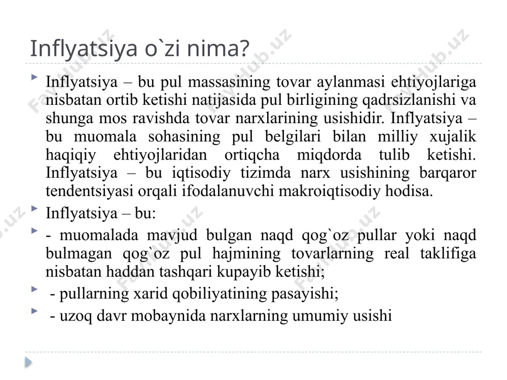 alari o‘rtasidagi nomutanosibliklar jamg‘arma va iste’mol ortasidagi nomutanosibliklar talab va taklif orasidagi nomutanosibliklar davlat daromadlari va xarajatlari orasidagi nomutanosibliklar muomaladagi pul massasi va iqtisodiyotning pulga bo‘lgan extiyoji orasidagi nomutanosibliklar. inflyatison risk boshqa risk turlari bilan chambarchas bog`liqligi inflyatsiya riski valyuta riski bank riski investitsiya riski valutalarning xarid qobiliyatlari bo‘yicha ularning o‘zaro nisbati o‘zida qiymat qonunini aks ettirib, valuta kursini aniqlash vositasidir. shu sababli valuta kursiga inflatsiya sur’atlari ta’sir ko‘rsatadi. mamlakatda inflatsiya darajasi qanchalik yuqori bo‘lsa, milliy valuta kursi shunchalik past bo‘ladi, (agar boshqa omillar qarshi ta’sir ko‘rsatmasa). inflatsiya oqibatida pul qadrsizlanishi mamlakatda pulning xarid qobiliyatining pasayishiga va inflatsiya sur’atlari nisbatan past mamlakatlarning valutalari kursidan tushib ketishiga sabab bo‘ladi. bunday moyillik, odatda, o‘rta va uzoq muddatli rejada kuzatiladi. valuta kursining tenglashtirilishi, uni sotib olish qobiliyatining paritetiga moslashtirish o‘rtacha ikki yil davomida amalga oshiriladi. inflyatison risk boshqa risk turalri bilan chambarchas bog`liqligi inflyatison risk boshqa risk turalri bilan chambarchas bog`liqligi jahon bozori …