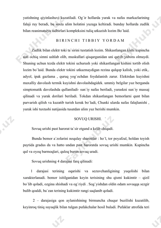 chuqur joylashgan tuqimalar, shu jumladan suyaklarni ham qamrab oladi. gavdaning shikastlangan qismi tuq kukimtir rangga, qoramtir suyuqlik bilan tula pufaklar bilan qoplanadi. odatda pufaklar sovuq urishidan 2 hafta keyin paydo buladi (ikkilamchi pufaklar) demarkatsiya chizig`i asta- sekin kurinadi va unchalik yaqqol sezilmaydi. sovuq urgan sohada sezuvchanlikning hamma turi yuqoladi. keyinroq shikastlangan qism qurib, kuchib tushadi va urnida chandiq hosil bo`ladi.sovuq urishda bemorning umumiy ahvoli uning darajasiga bog`liq bo`ladi. sovuq urishining dastlabki 2 darajasida bemoerning umumiy ahvoli unchalik yomon emas keyingi darajalarida toksemiya va infeksiya qushilishiga bog`liq holdagi klinikasi namoyon bo`ladi.(yuqori harorat, xolsizlik , ishtaha yuqolishi). birinchi tibbiy yordam va davosi. bemor issiq xoanga yotqiziladi ,unga issiq choy, alkogolli ichimliklar , yurak faoliyatini yahshilovchi dorilar va og`riq qoldiruvchi vositalar beriladi, bemorni vannaga tushiirib, suv haroratini 18-20 gr.dan boshlab asta- srekin 37 gacga oshiriladi. bemorni vannnada qon ta`minoti yahshilanguncha qadar ehtiyotlik bilan massaj qilish kerak. oyoq yoki qul terisi spirt bilan artiladi …