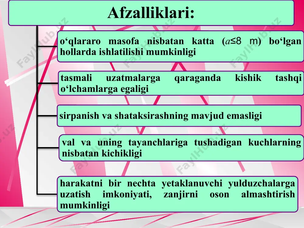 vishda yuklamaning oshirilgan qiymatlarini qabul qila oladilar. bunday zanjirlar katta yuklamalar va yuqori tezliklar mujassamlashganda ishlatiladi. bunday hollarda bir qatorli, og‘ir va katta qadamli zanjirlarni katta qiymatli dinamikaviy yuklamalarda qo‘llash maqsadga muvofiq sanalmaydi. vtulkali zanjirlar tuzilishi bo‘yicha vtulka-rolikli zanjirlarga o‘xshashdir. ammo ularda rolik 5 mavjud emas. shunung oqibatida zanjir va yulduzchalarning yeyilishi ortadi, lekin zanjirning massasi va tannarhi kamayadi. tishli zanjirlar (3-rasm, a va b) ikkita tishsimon chiqiqlarga ega bo‘lgan yupqa plastinkalar majmuidan tarkib topgan. 3-rasm.tishli zanjirli uzatma tuzilishiga oid tarh tishli zanjirlar asosan sharnirlarining tuzilishi bo‘yicha farqlanadi. sharnirlar tuzilishini mukammallashtirish yeyilishni va ishqalanishdagi isroflarni kamaytirishga yo‘naltirilgan. sharnirlar asosan sirpanib va dumalab ishqalanish tamoyili asosidagi tuzilishga egadirlar (4-rasm, a va b). 4-rasm. tishli zanjirlar sharnirining tuzilishi yuritma zanjirlarining yulduzchalari. zanjirli uzatmalarning yulduzchalari slindrsimon tishli g‘ildiraklar tuzilishidan faqat tishli toj qismi bilangina farqlanadi. 5-rasm. vtulka-rolikli va vtulkali zanjirlar yulduzchalarining o‘lchamlari zanjir va yulduzchalar materiallari. zanjirlar va yulduzchalar materiallari yeyilish va zarbli …