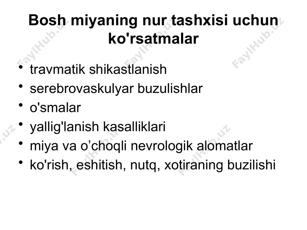 рафия (пэт) позволяет исследовать функциональное состояние головного мозга, отражающие процессы жизнедеятельности головного мозга на молекулярном уровне с применением ультракороткоживущих радиофармпрепаратов пэт/кт – позитронно-эмиссионная томография совмещенная с компьютерной томографией пэт/мрт - позитронно-эмиссионная томография совмещенная с магнитно-резонансной томографией позитронно-эмиссионная томография/компьютерная томография (пэт/кт) пэт/кт головного мозга mns travmalari tasnifi birlamchi shikastlanishlar - sinishlar - miyadan tashqari qon ketishi * subaraxnoid gematoma * subdural gematoma * epidural gematoma - intraserebral shikastlanishlar * diffuz aksonal shikastlanish * miya kontuziyasi * intraventrikulyar qon ketishi tasnifi ikkilamchi shikastlanishlar - vklineniya - travmadan keyingi ishemiya - miya shishi birlamchi shikastlanishlar epidural gematoma turlari: arterial edg, 90% (o'rta meningeal arteriya) venoz edg, 10% (sinuslar, meningeal venalarning shikastlanishi) omch, ko'ndalang yoki sigmasimon sinuslar (umumiy) parasagittal, yuqori sagittal sinus epidural gematoma qalinligi> 5 mm – shoshilinch yordam 95% hollarda bosh suyagi suyaklarining sinishi kuzatiladi yoriq chizig'iga ulashgan epidural gematoma, qalinligi 3 hafta) - gipodens - takroriy qon ketishi bilan aralash zichlik …